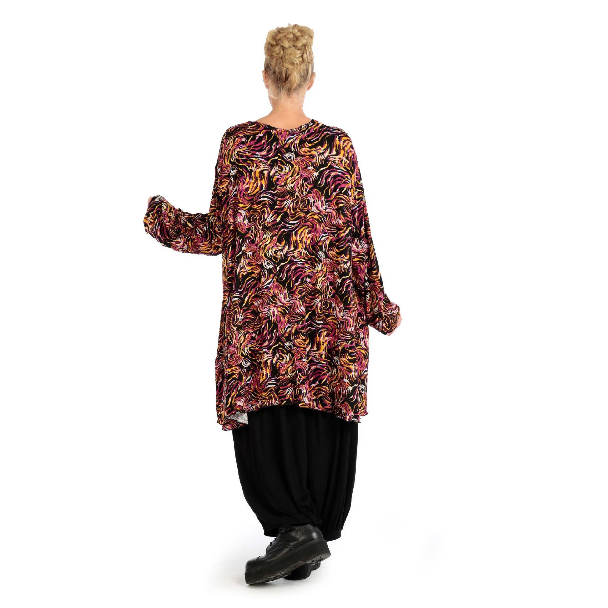  A-Form Bigshirt von AKH Fashion aus Viskose, 1130.06866, Schwarz-Fuchsia-Gelb, Pinselstrich