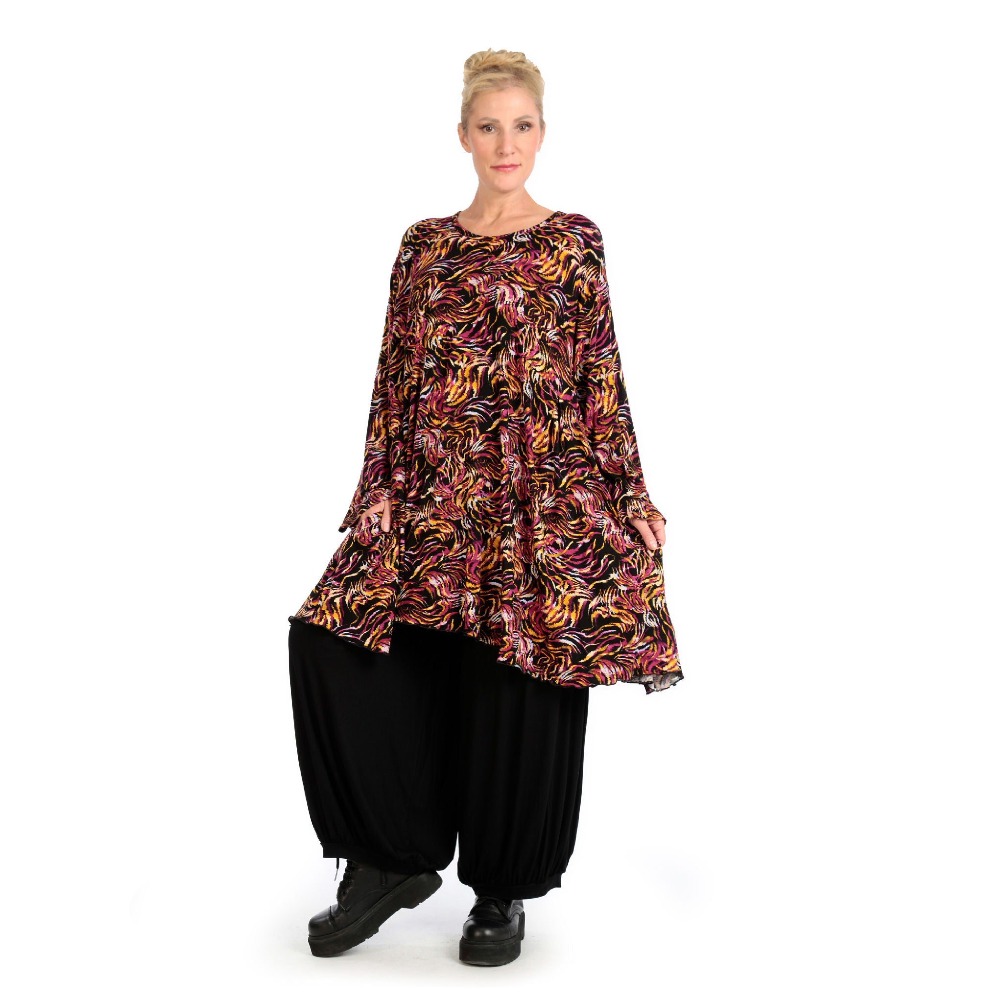  A-Form Bigshirt von AKH Fashion aus Viskose, 1130.06866, Schwarz-Fuchsia-Gelb, Pinselstrich