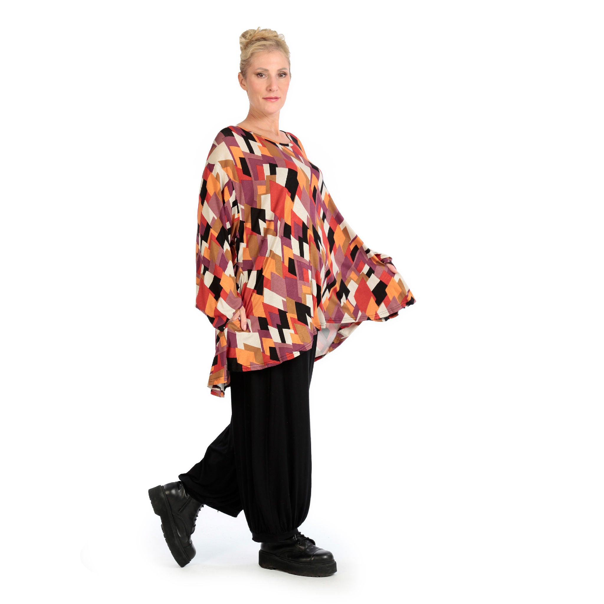  AKH Fashion Shirt in Glocken-Form, aus Viskose, 1131.01892, Schwarz-Flieder-Orange, Raute