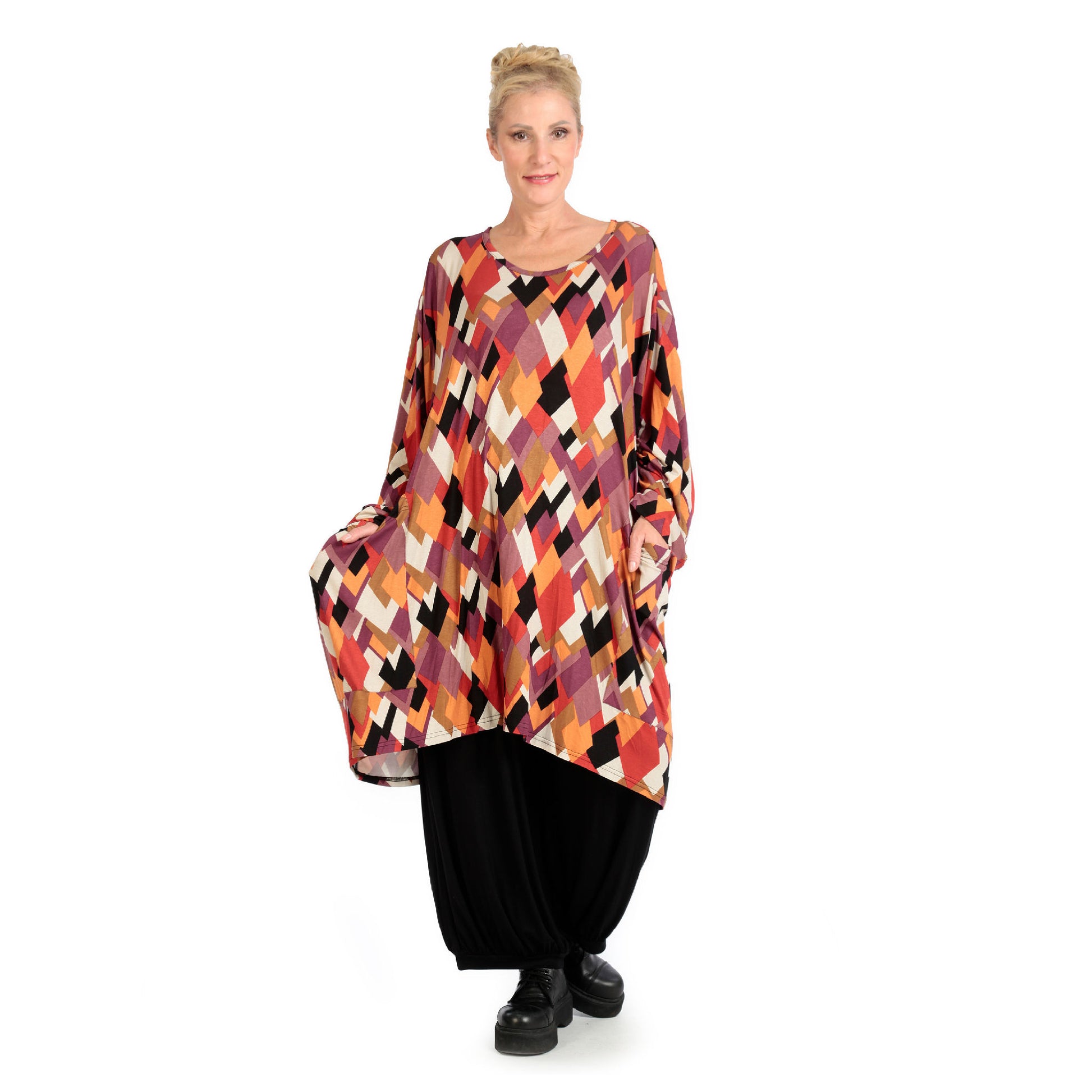  Ballonshirt im Lagenlook mit Rautenmuster in Schwarz, Flieder und Orange für Plus Size Casual-Stil