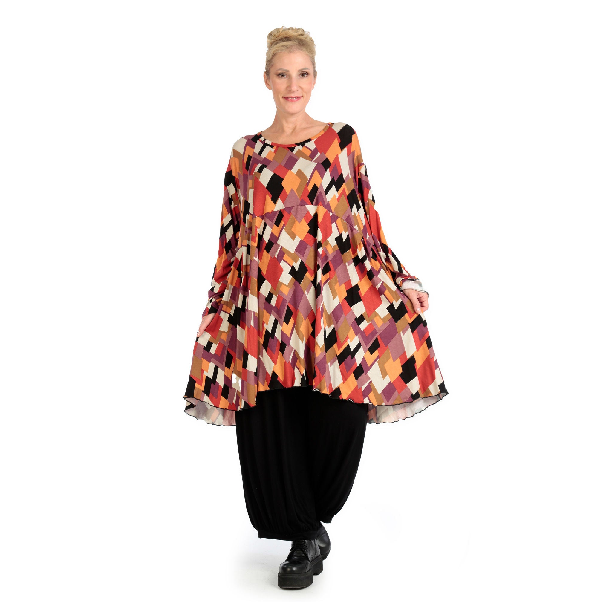  A-Form Bigshirt von AKH Fashion aus Viskose, 1131.06866, Schwarz-Flieder-Orange, Raute