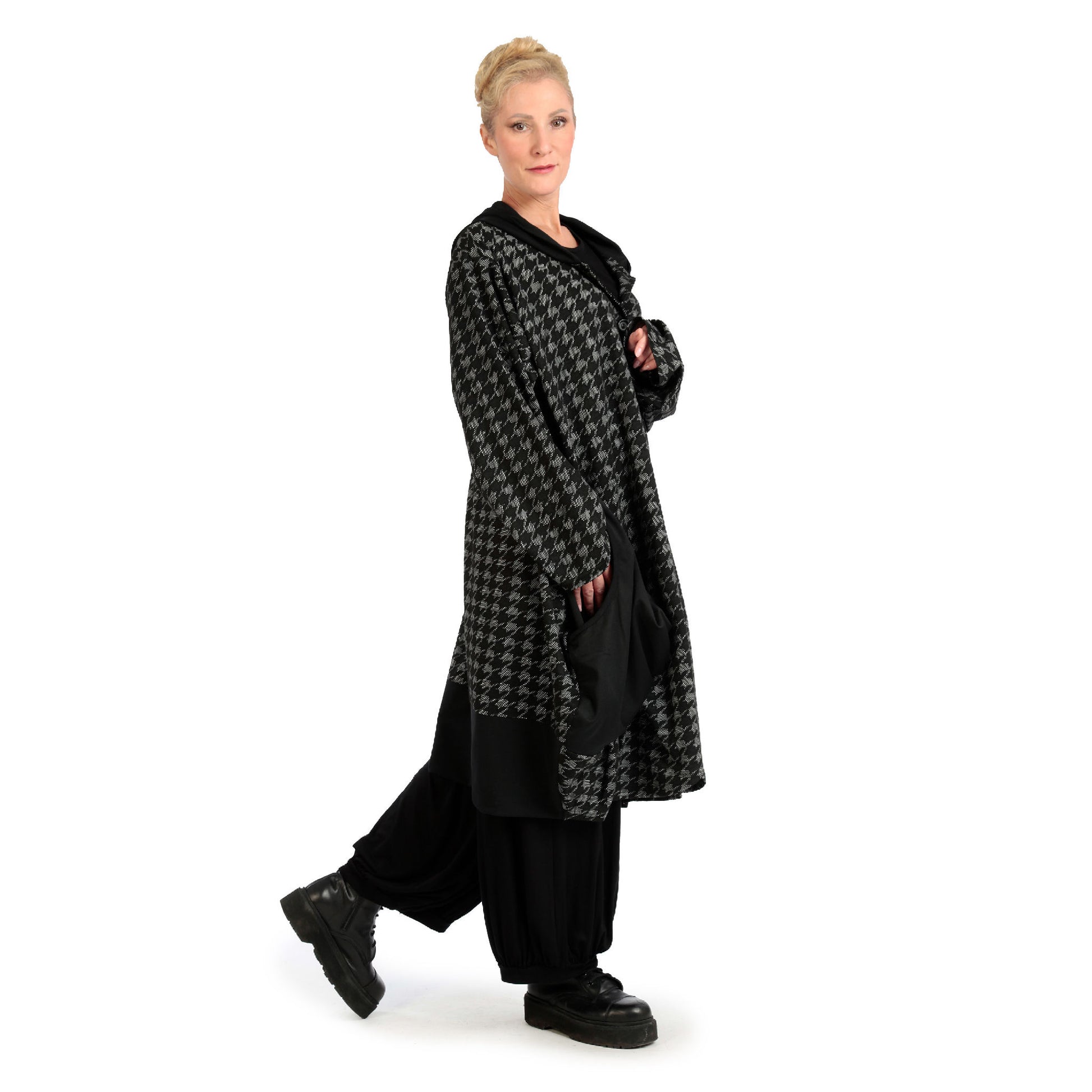  Oversize Ballonmantel mit Hahnentritt-Muster aus strapazierfähigem Jacquard-Polyester für Plus Size