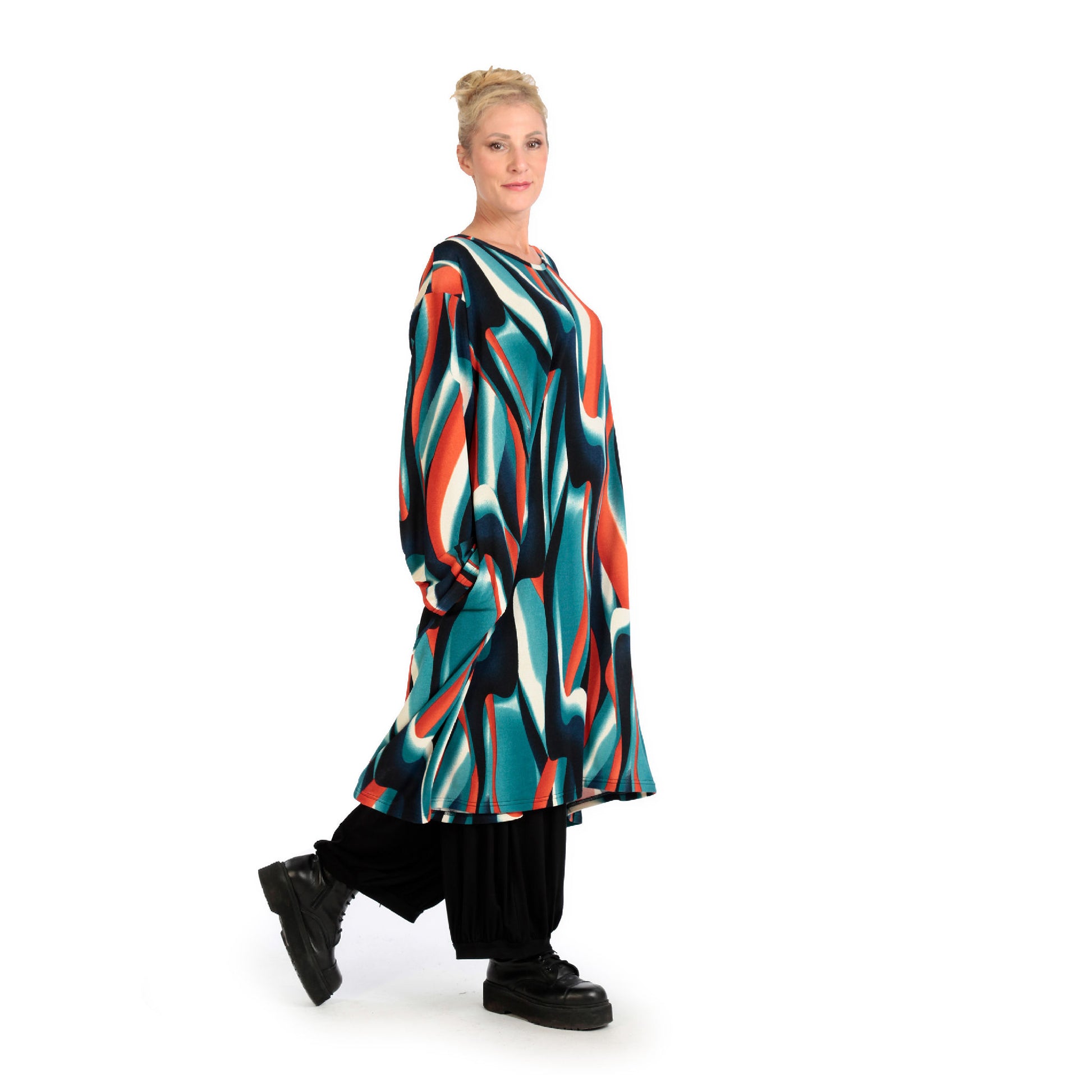  A-Form Kleid im Wellenmuster in Blau-Orange-Schwarz, weich und stretchig für Herbst und Winter