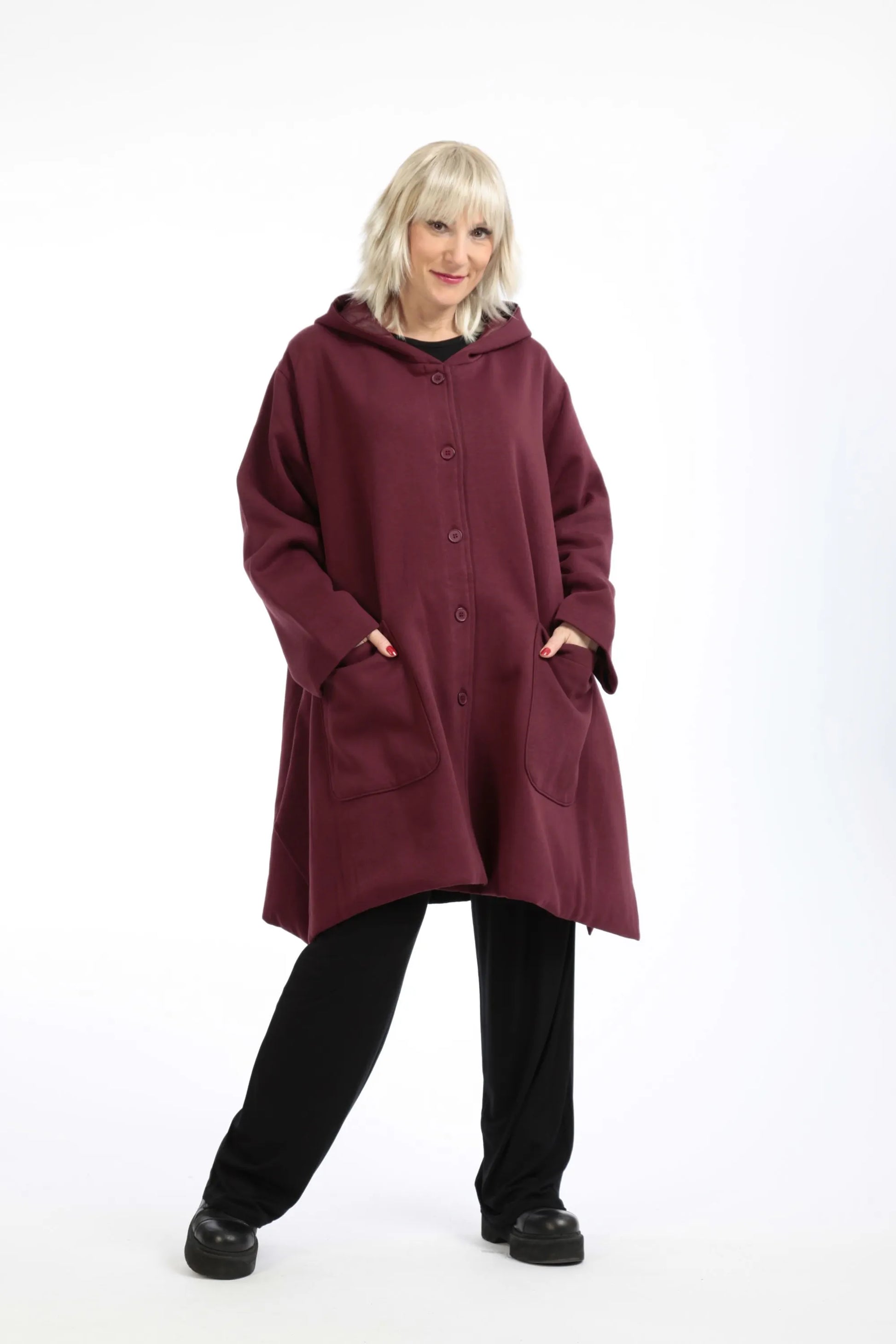  Kuschelige A-Form Jacke in Weinrot aus weichem Baumwoll-Fleece für stilvollen Plus Size Look