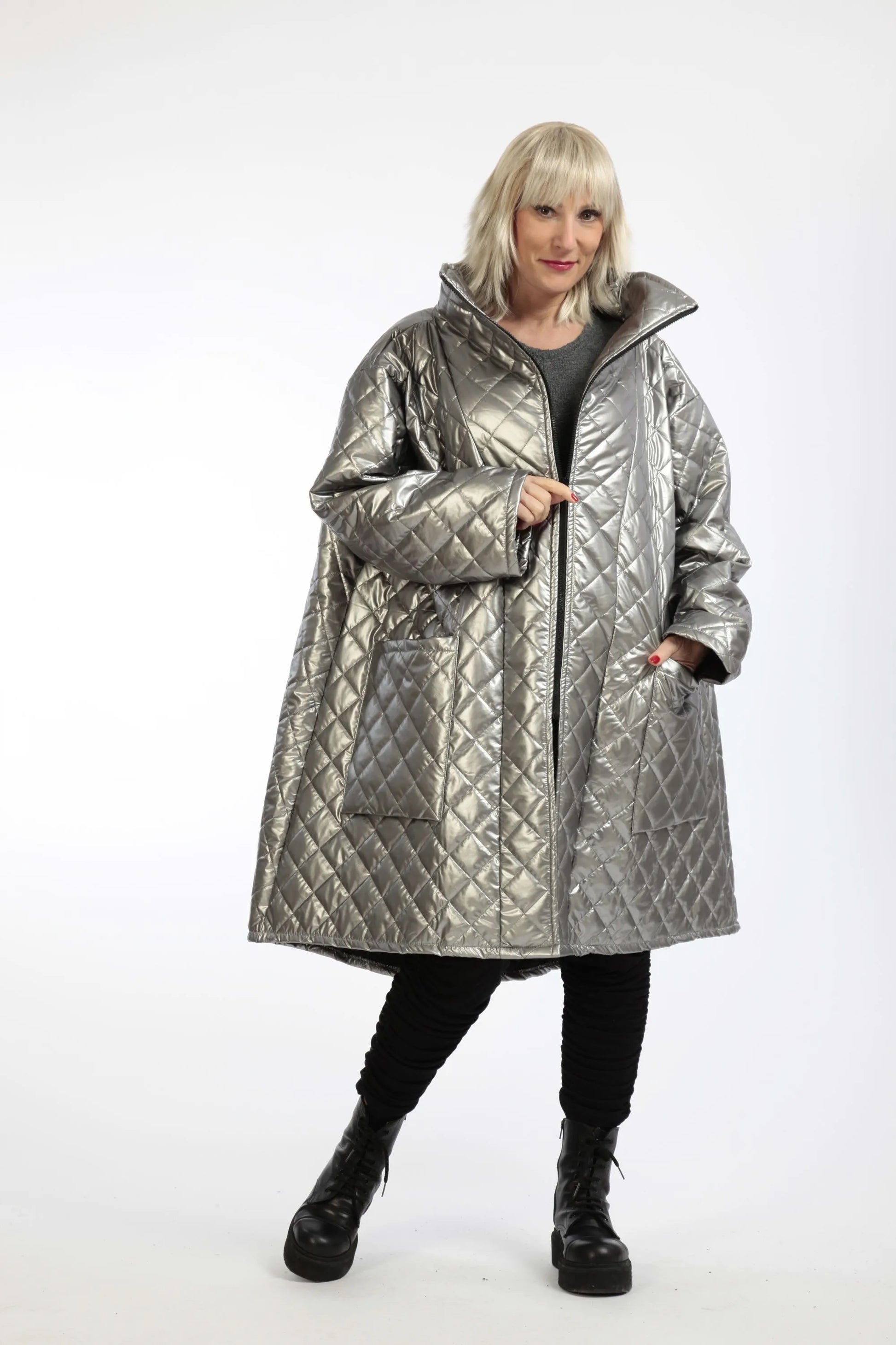  Stylische A-Form Jacke in silbernem Rautenmuster, bequem und schick für den Plus Size Look