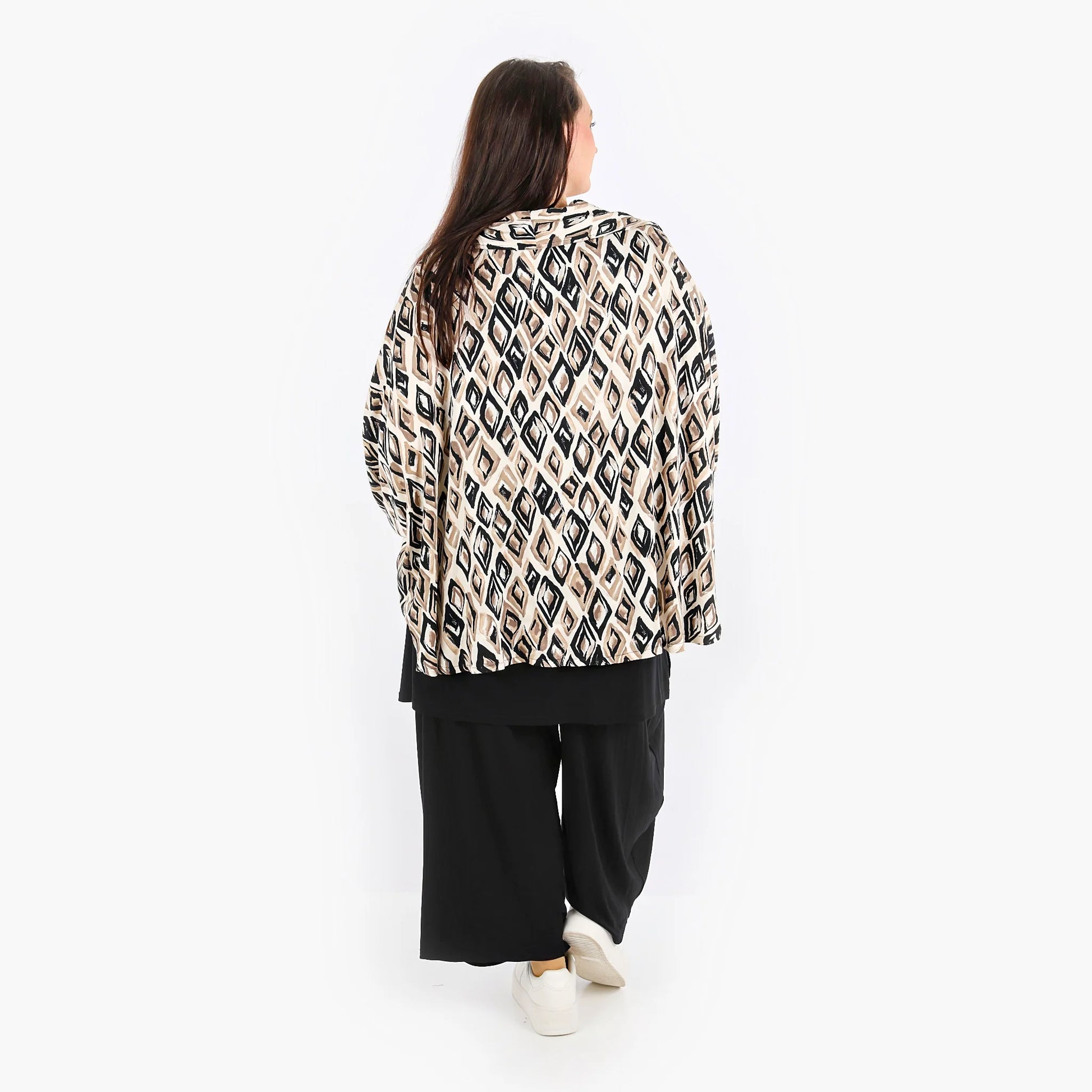  Ausgefallene Poncho Jacke in Beige Schwarz Cognac für lässigen Lagenlook aus leichter Viskose für Plus Size