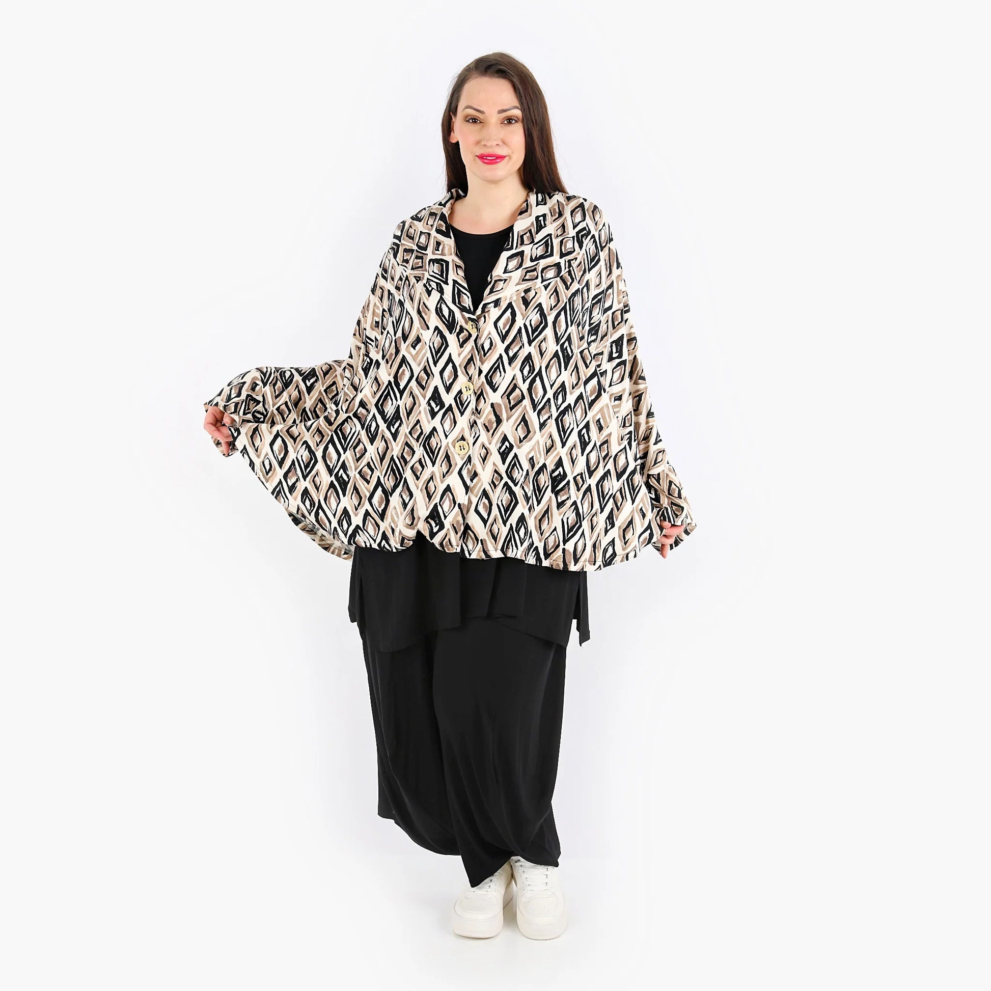  Ausgefallene Poncho Jacke in Beige Schwarz Cognac für lässigen Lagenlook aus leichter Viskose für Plus Size