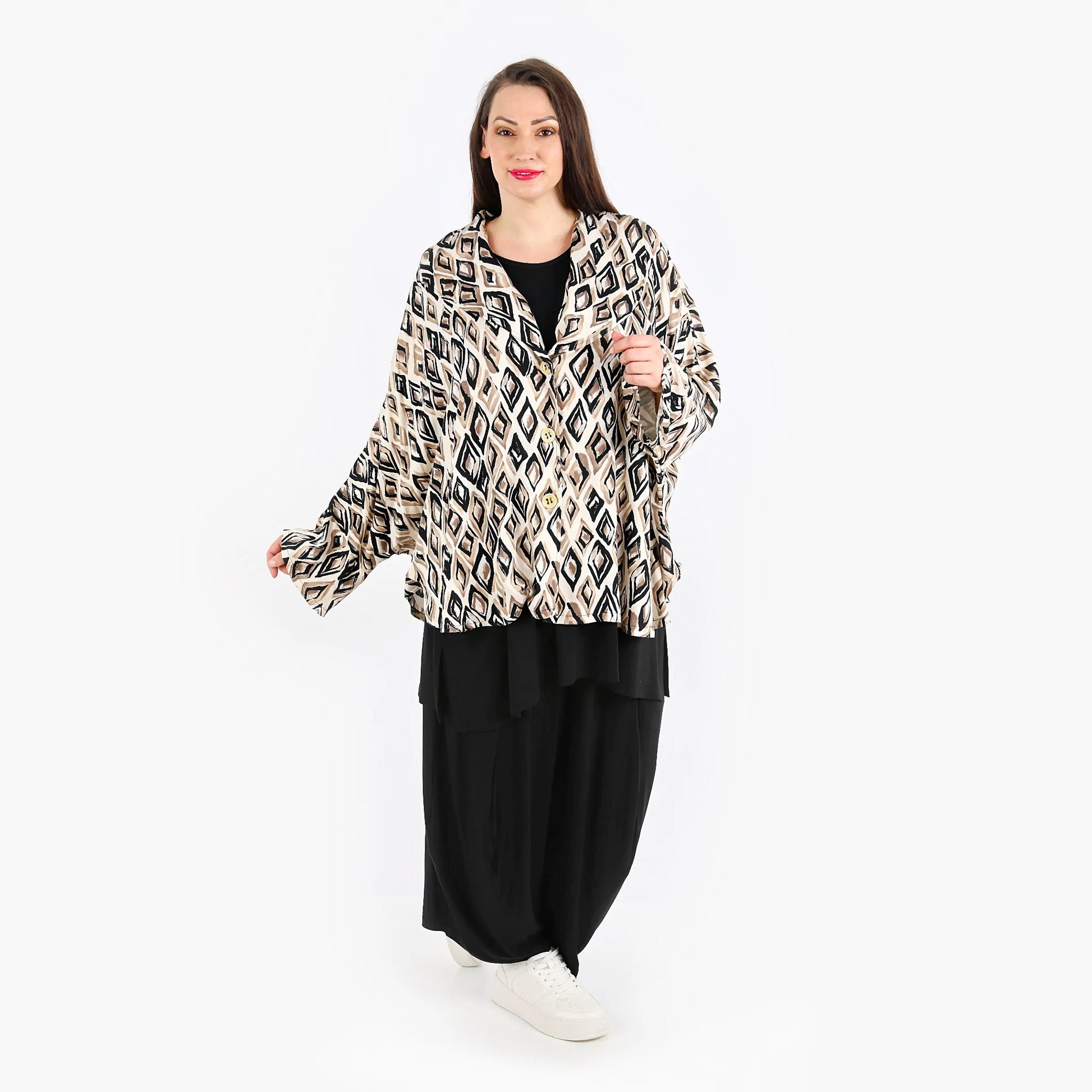  Ausgefallene Poncho Jacke in Beige Schwarz Cognac für lässigen Lagenlook aus leichter Viskose für Plus Size