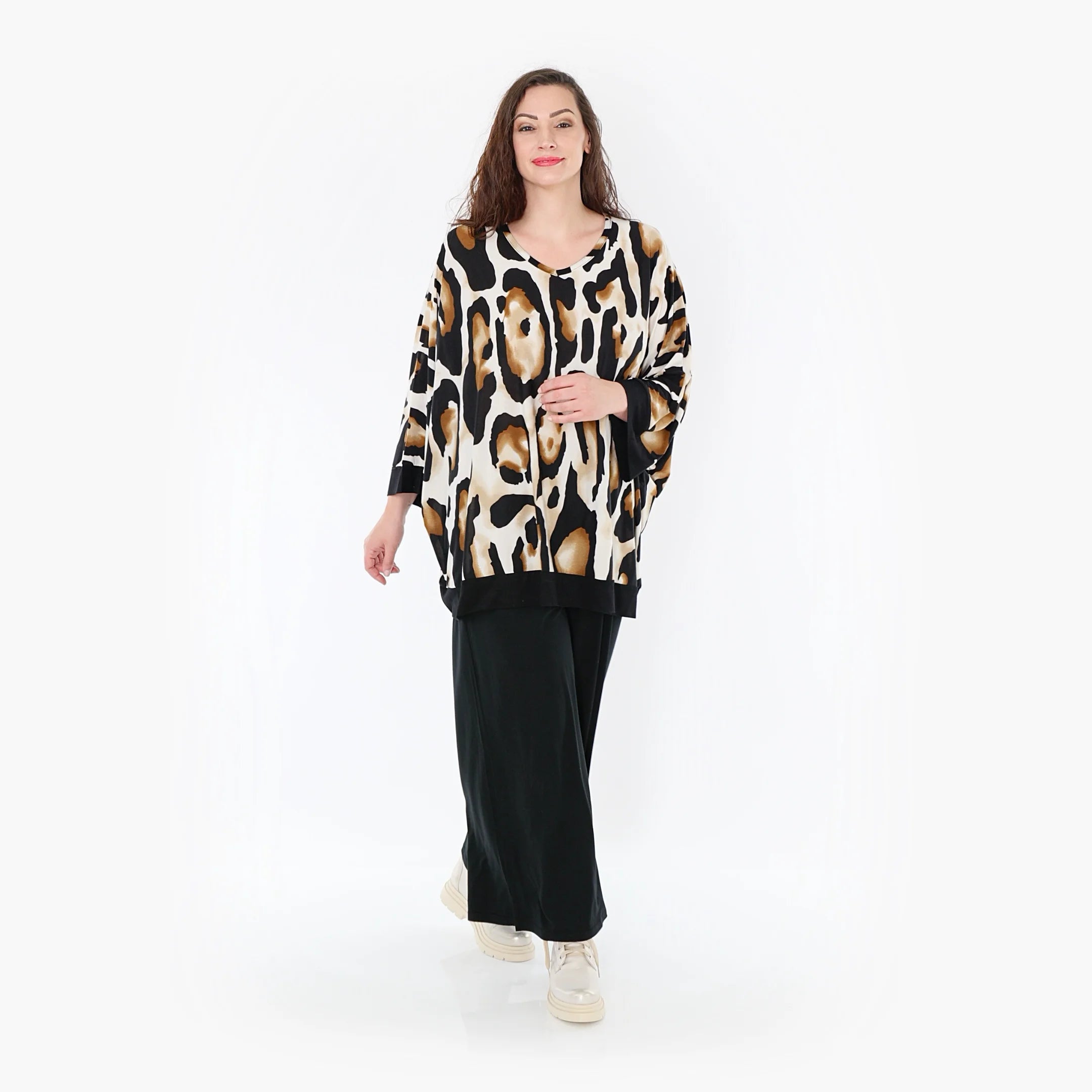  AKH Fashion Bigshirt in kastiger Form, aus Viskose, 1373.06964, Weiß-Schwarz-Cognac, Leopard