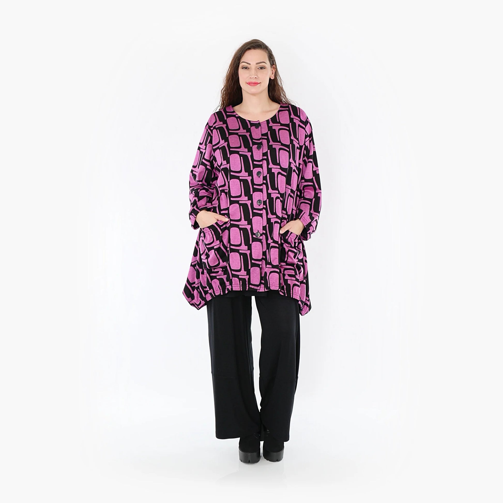  A-Form Jacke in Schwarz-Fuchsia mit bequemem Viskose-Romanit für stilvolle Plus Size Looks