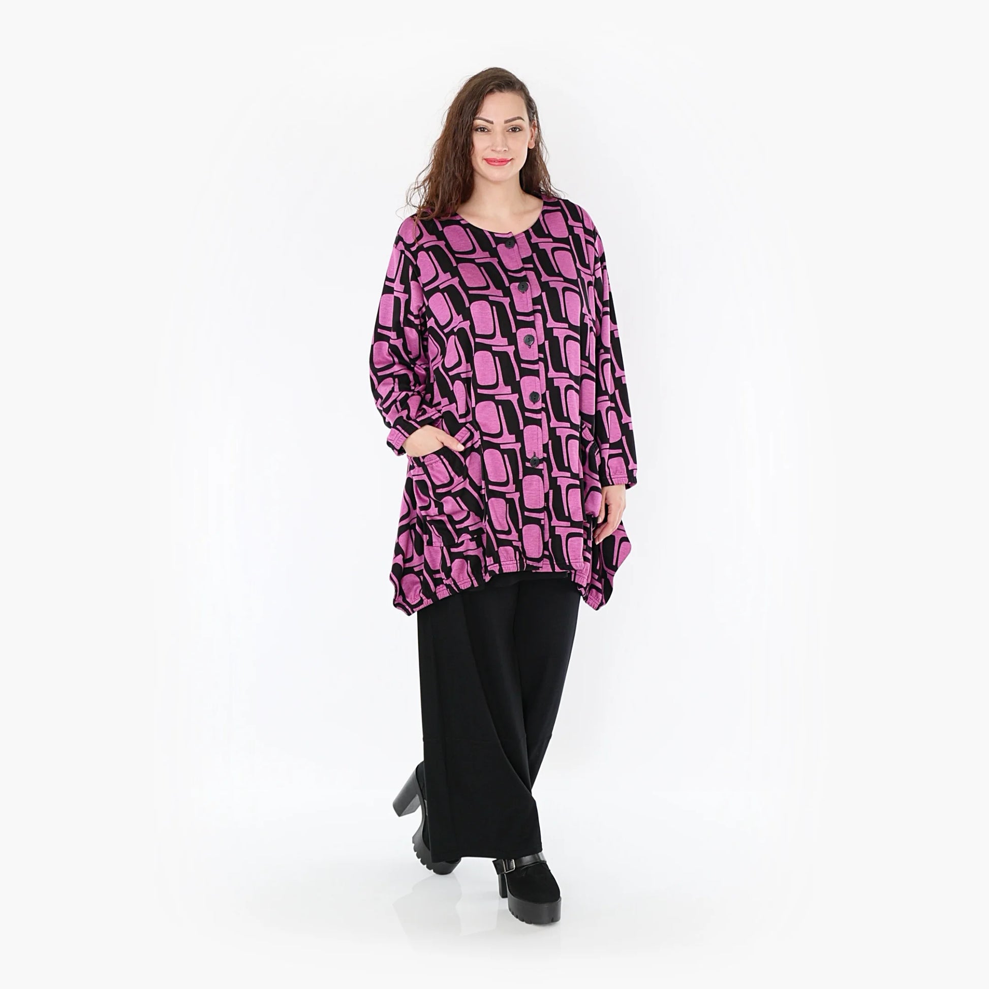  A-Form Jacke in Schwarz-Fuchsia mit bequemem Viskose-Romanit für stilvolle Plus Size Looks