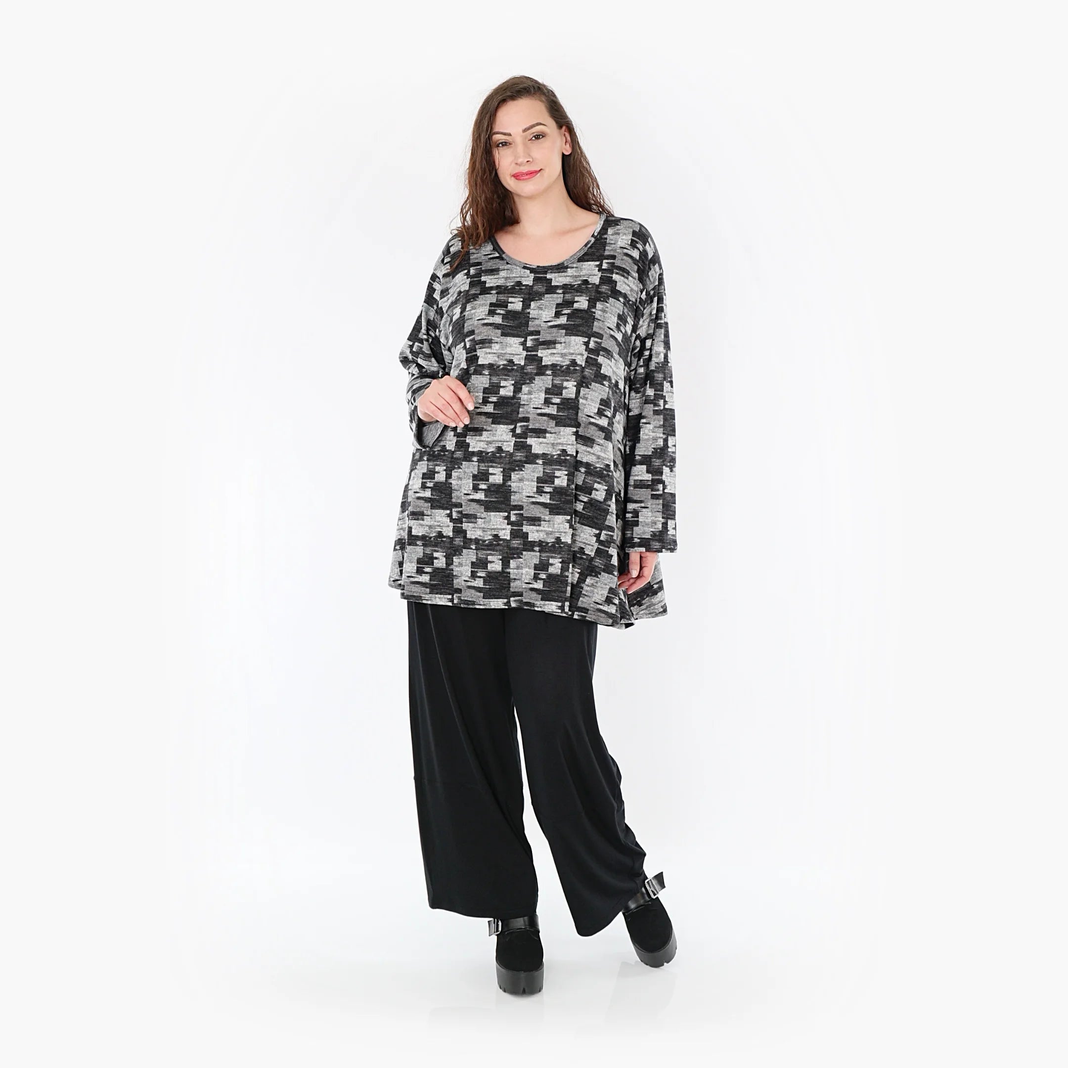  AKH Fashion Shirt in Glocken-Form, aus Materialmix, 1375.01892, Dunkelgrau-Grau, Kariert