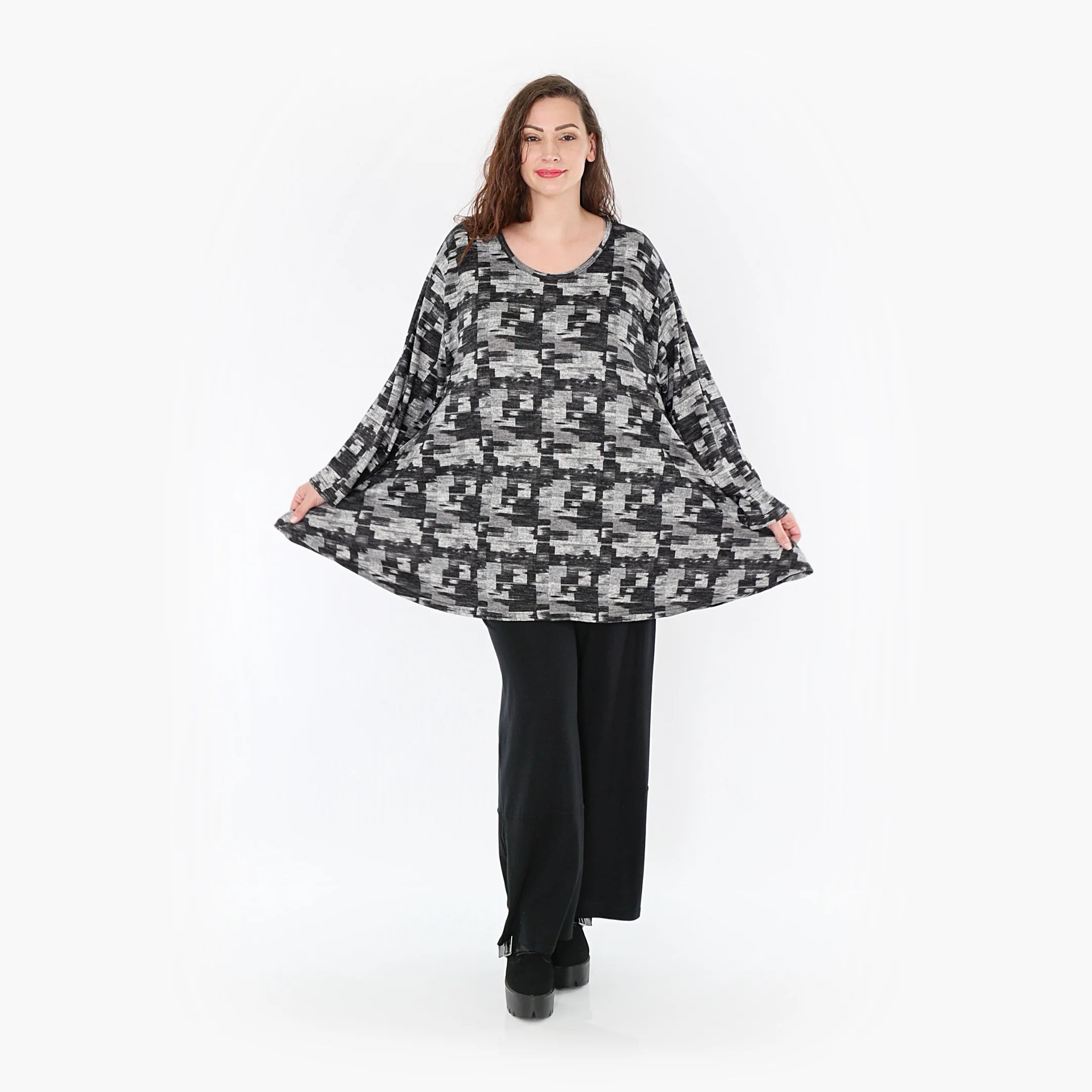  AKH Fashion Shirt in Glocken-Form, aus Materialmix, 1375.01892, Dunkelgrau-Grau, Kariert