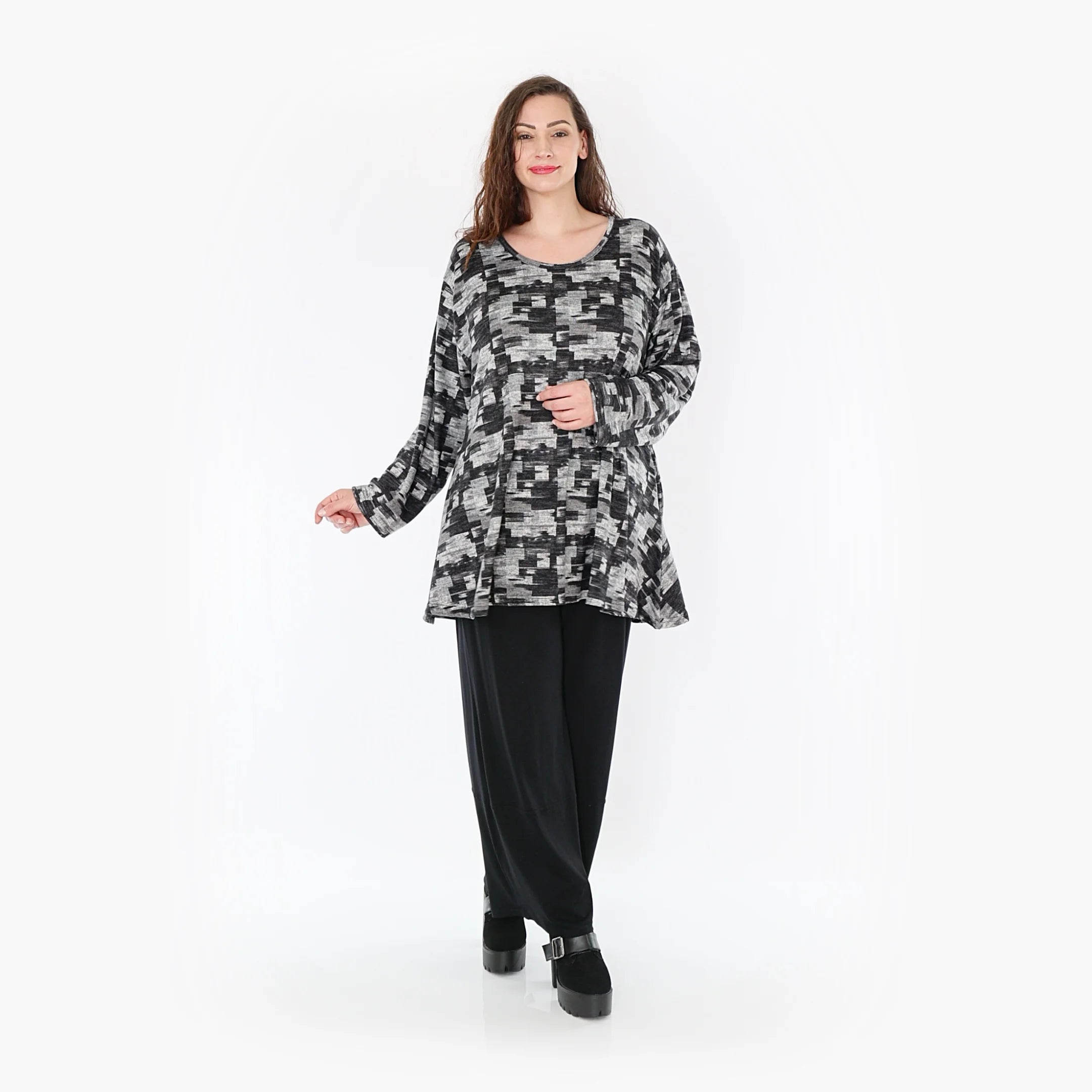 AKH Fashion Shirt in Glocken-Form, aus Materialmix, 1375.01892, Dunkelgrau-Grau, Kariert