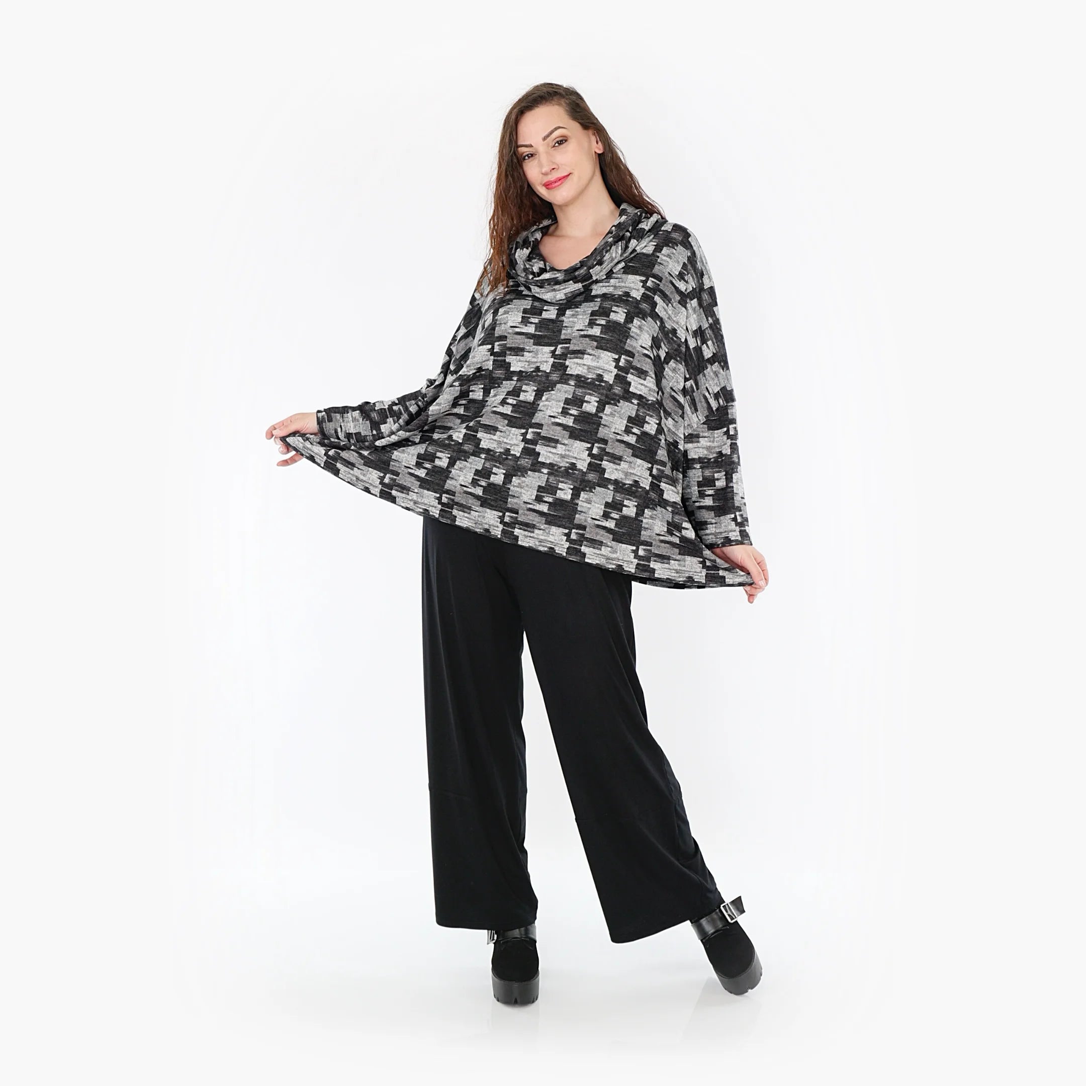  AKH Fashion Bigshirt in kastiger Form, aus Materialmix, 1375.03019, Dunkelgrau-Grau, Kariert