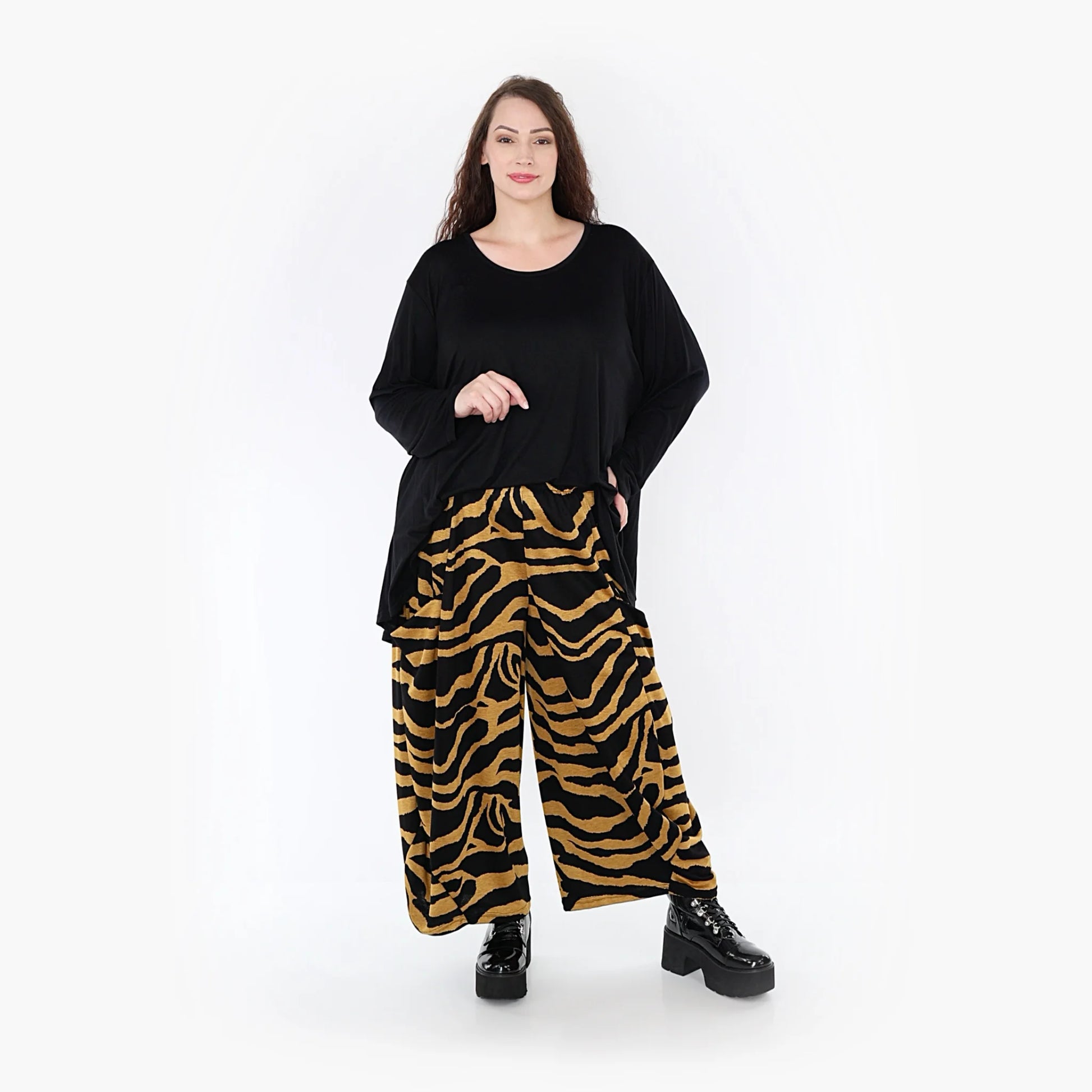  Bequeme Ballonhose mit Zebrastreifen-Muster in Gelb und Schwarz aus hochwertigem Romanit Jersey