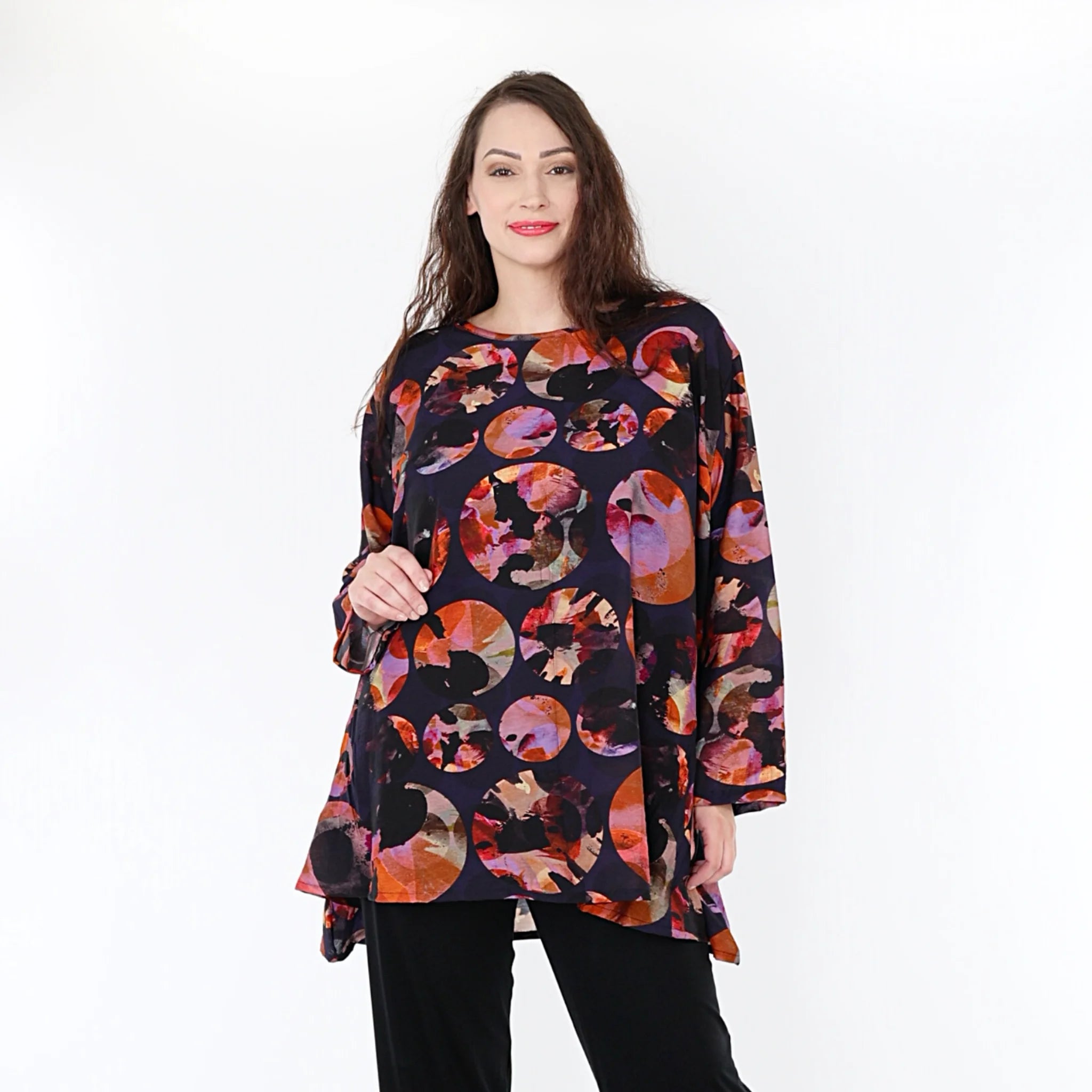  A-Form Bigshirt von AKH Fashion aus Viskose, 1335.00593, Lila-Mehrfarbig, Punkte, Schick