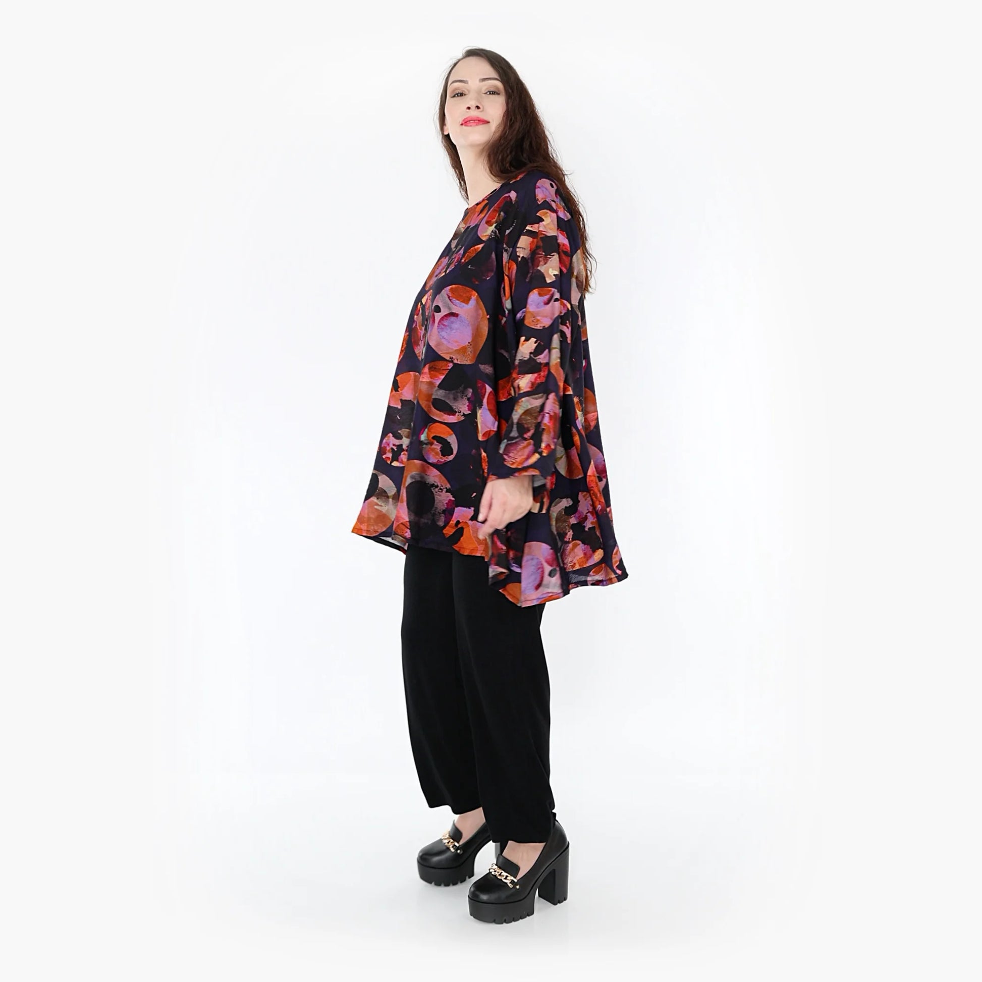  A-Form Bigshirt von AKH Fashion aus Viskose, 1335.00593, Lila-Mehrfarbig, Punkte, Ausgefallen