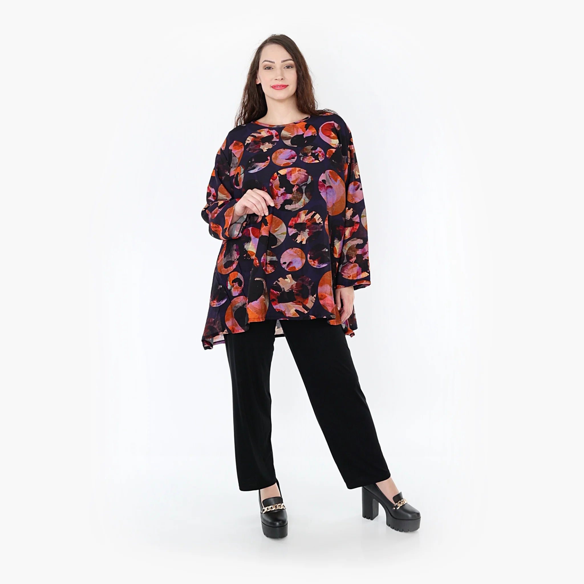  A-Form Bigshirt von AKH Fashion aus Viskose, 1335.00593, Lila-Mehrfarbig, Punkte, Schick