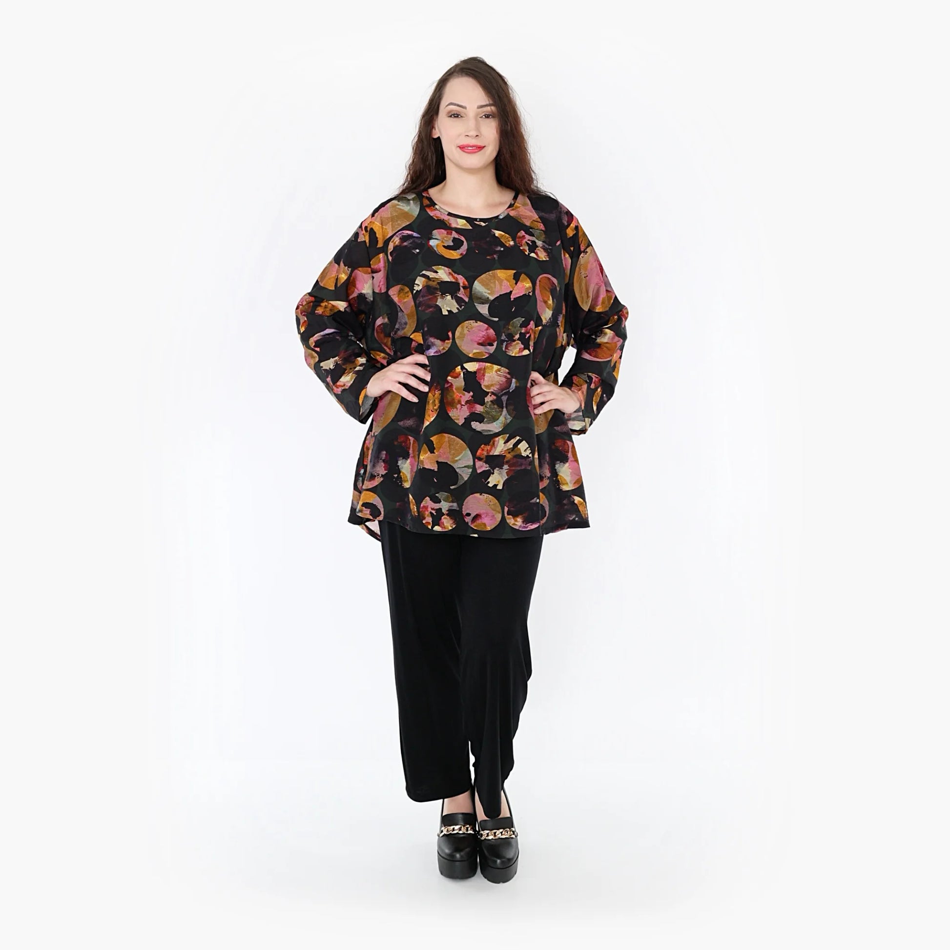  A-Form Bigshirt von AKH Fashion aus Viskose, 1335.00593, Grün-Mehrfarbig, Punkte, Ausgefallen