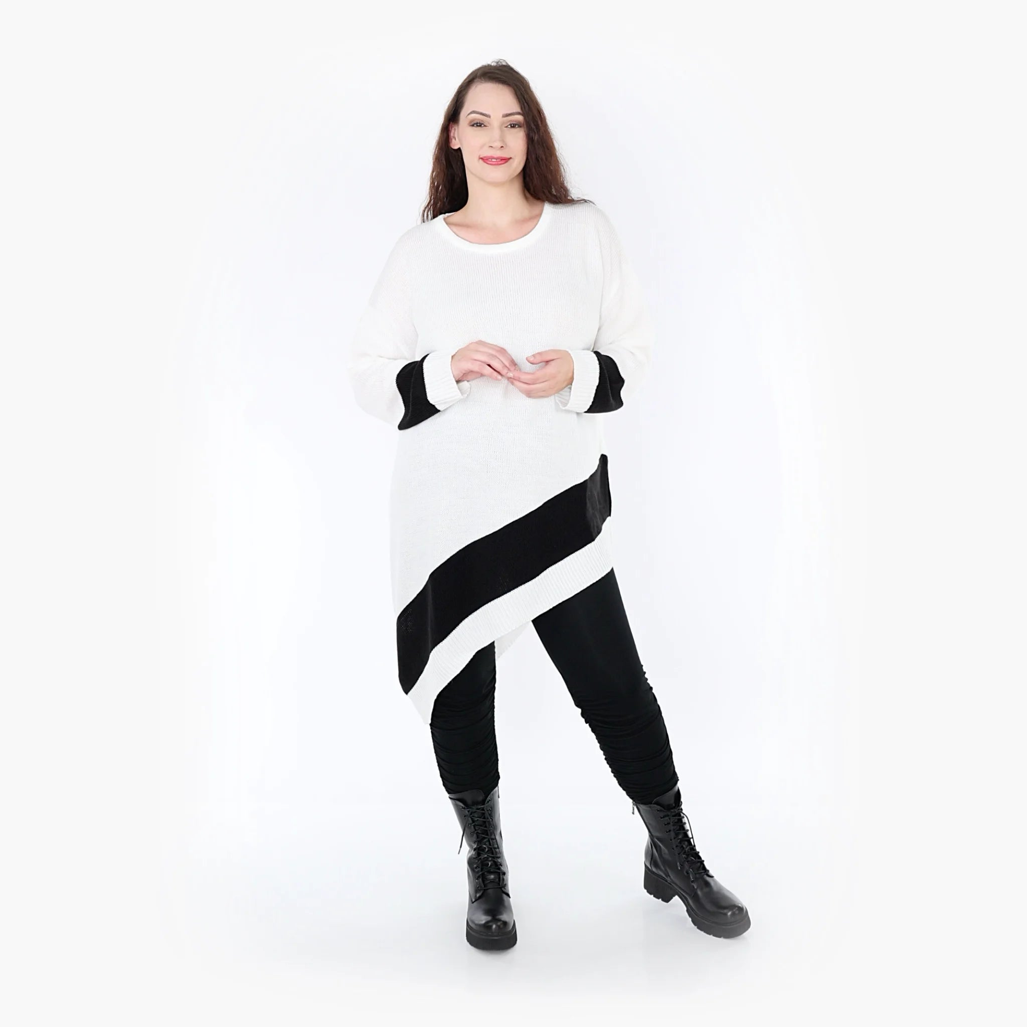  AKH Fashion Bigshirt in asymmetrischer Form, aus Baumwolle, 1343.02331, Weiß-Schwarz, Schick