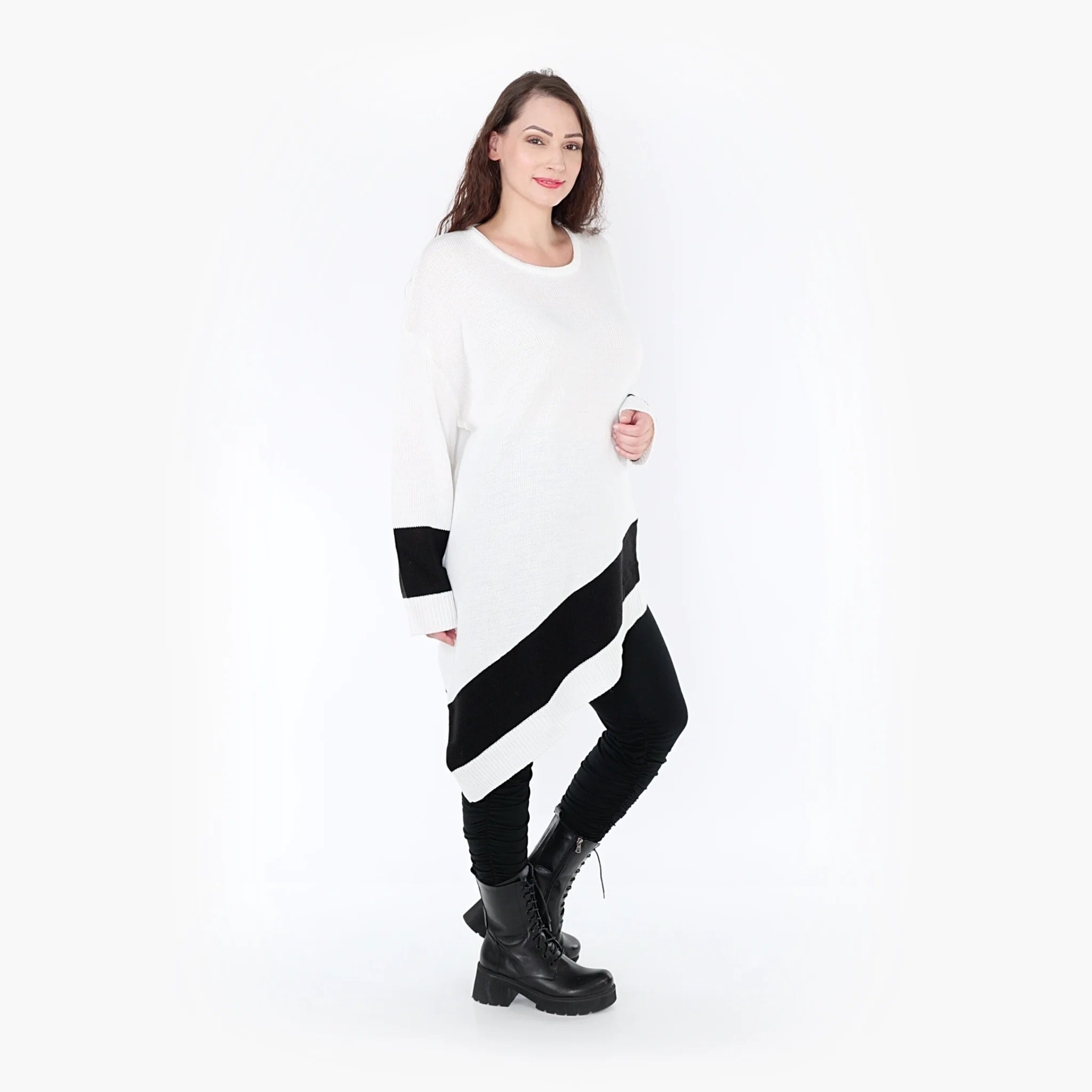  AKH Fashion Bigshirt in asymmetrischer Form, aus Baumwolle, 1343.02331, Weiß-Schwarz, Schick