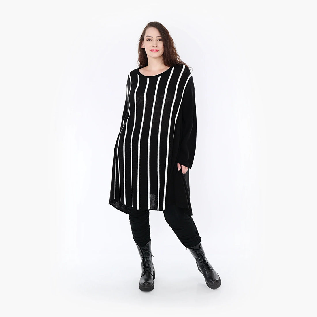  A-Form Bigshirt von AKH Fashion aus Baumwolle, 1343.0593D, Schwarz-Weiß, Streifen, Schick