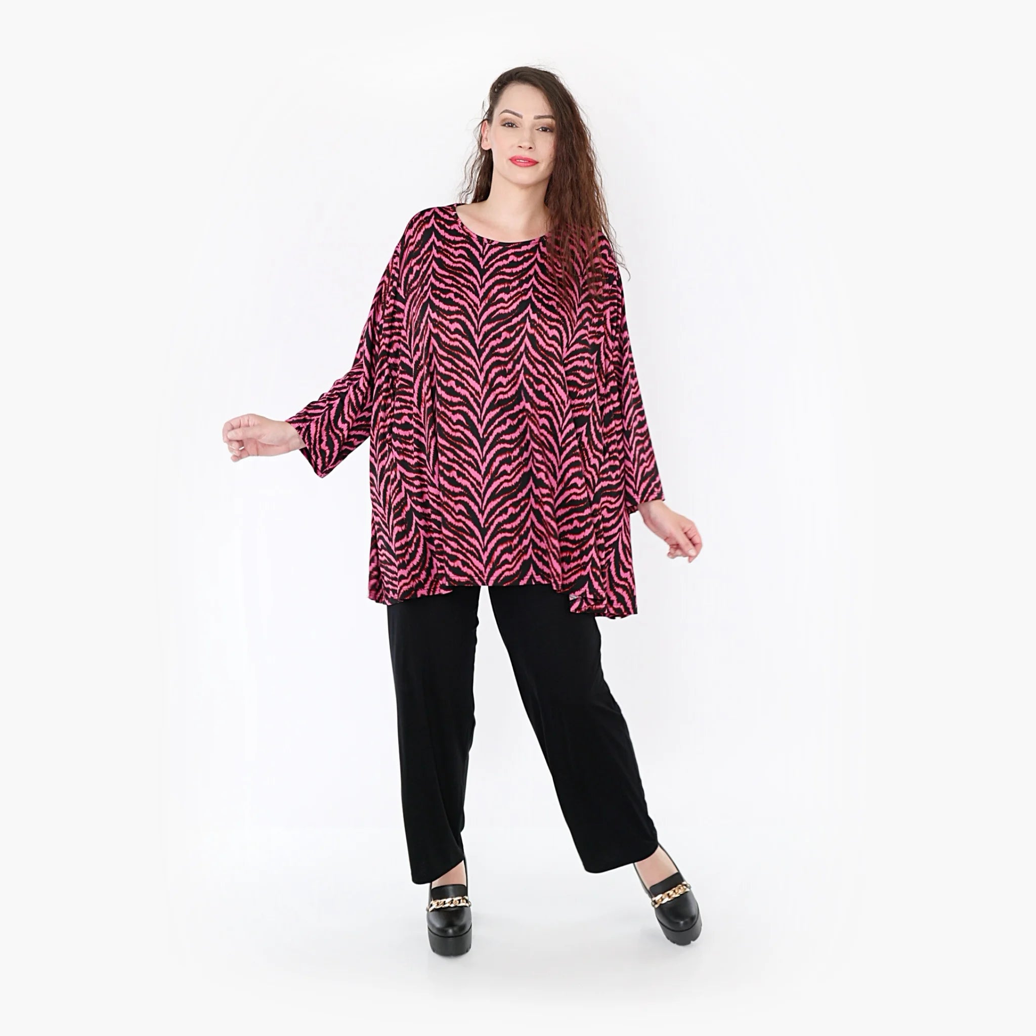  A-Form Bigshirt von AKH Fashion aus Viskose, 1344.00593, Fuchsia-Schwarz, Schick, Modern