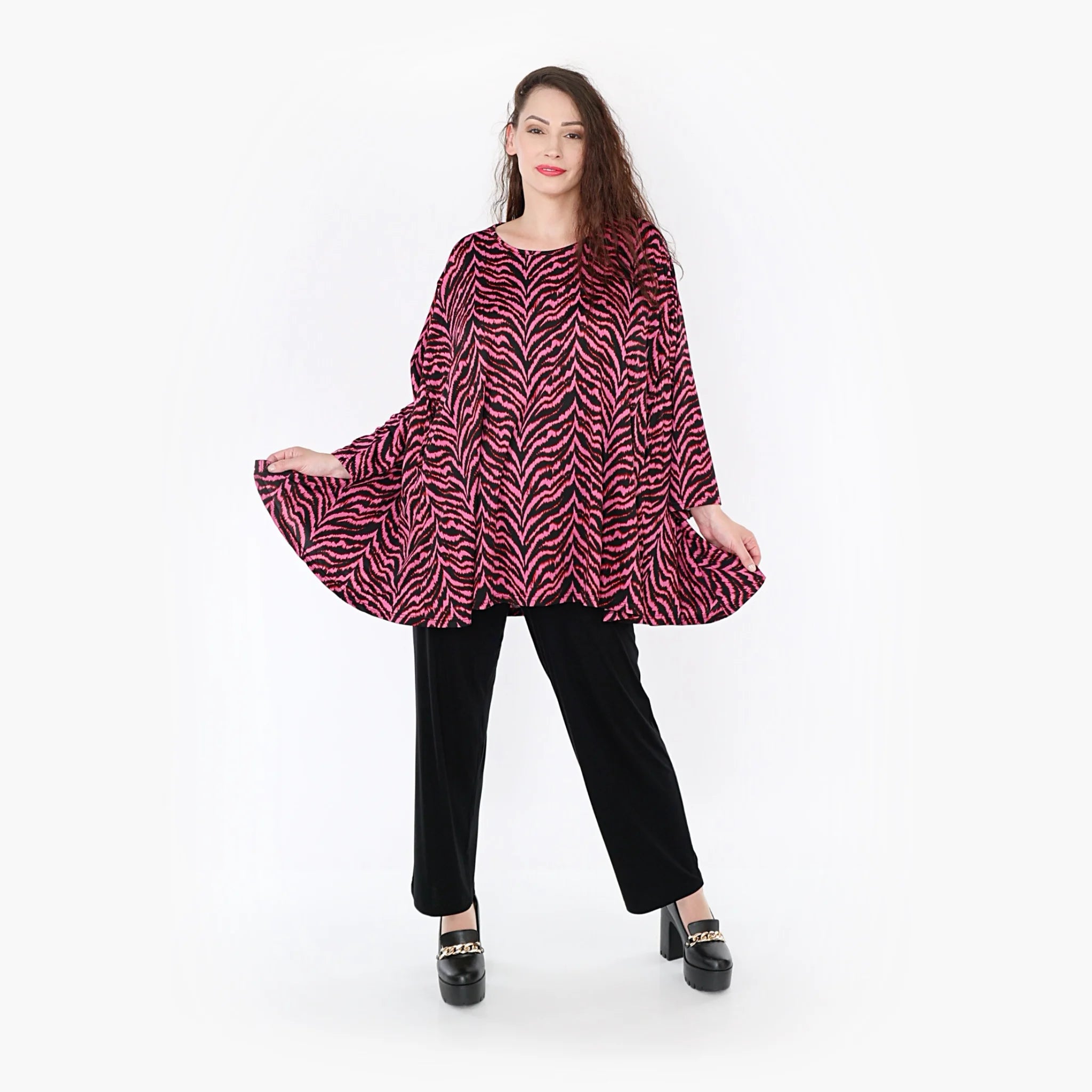  A-Form Bigshirt von AKH Fashion aus Viskose, 1344.00593, Fuchsia-Schwarz, Schick, Modern