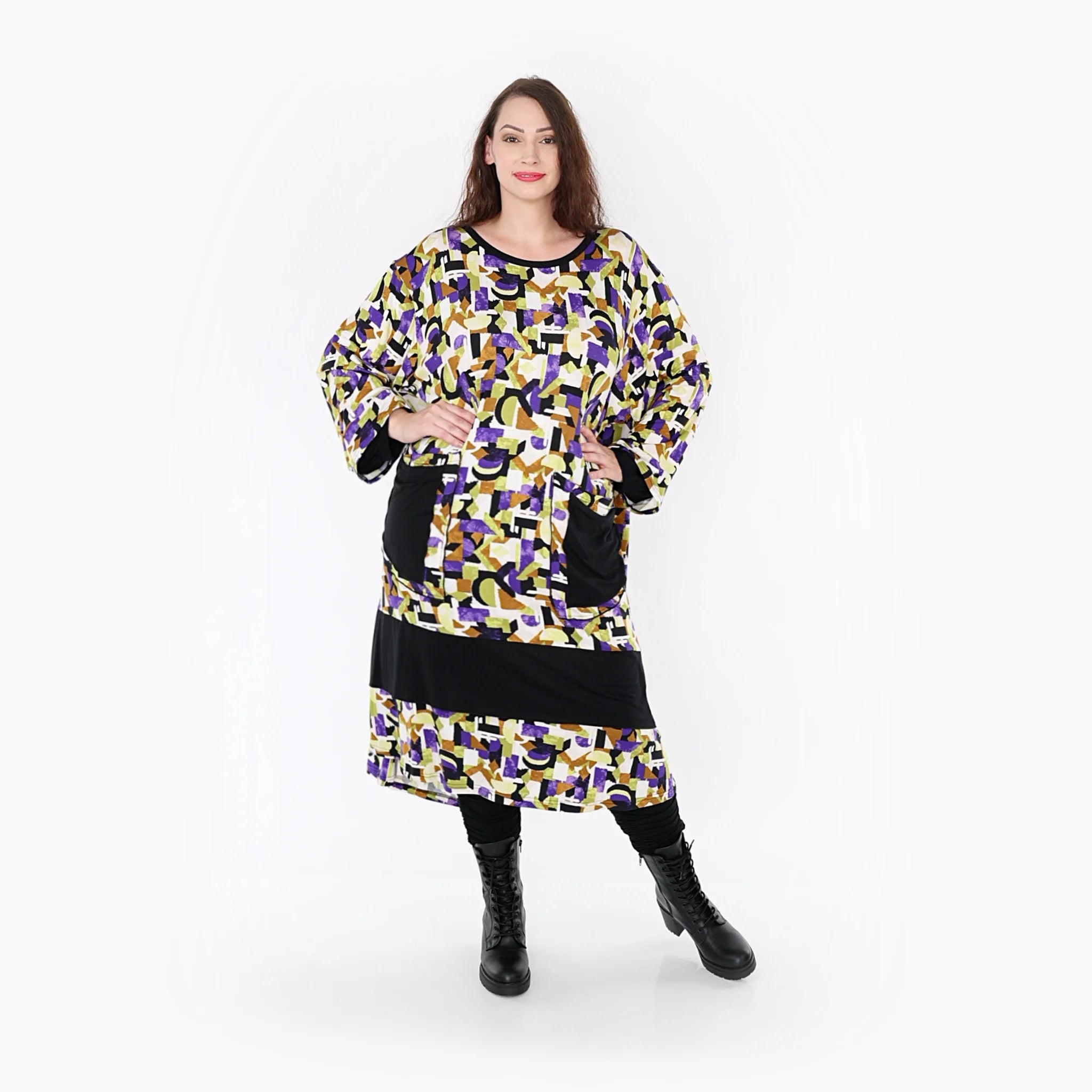  Ballonkleid von AKH Fashion aus Viskose, 1345.06981, Violett-Lime-Schwarz, Grafik, Schick