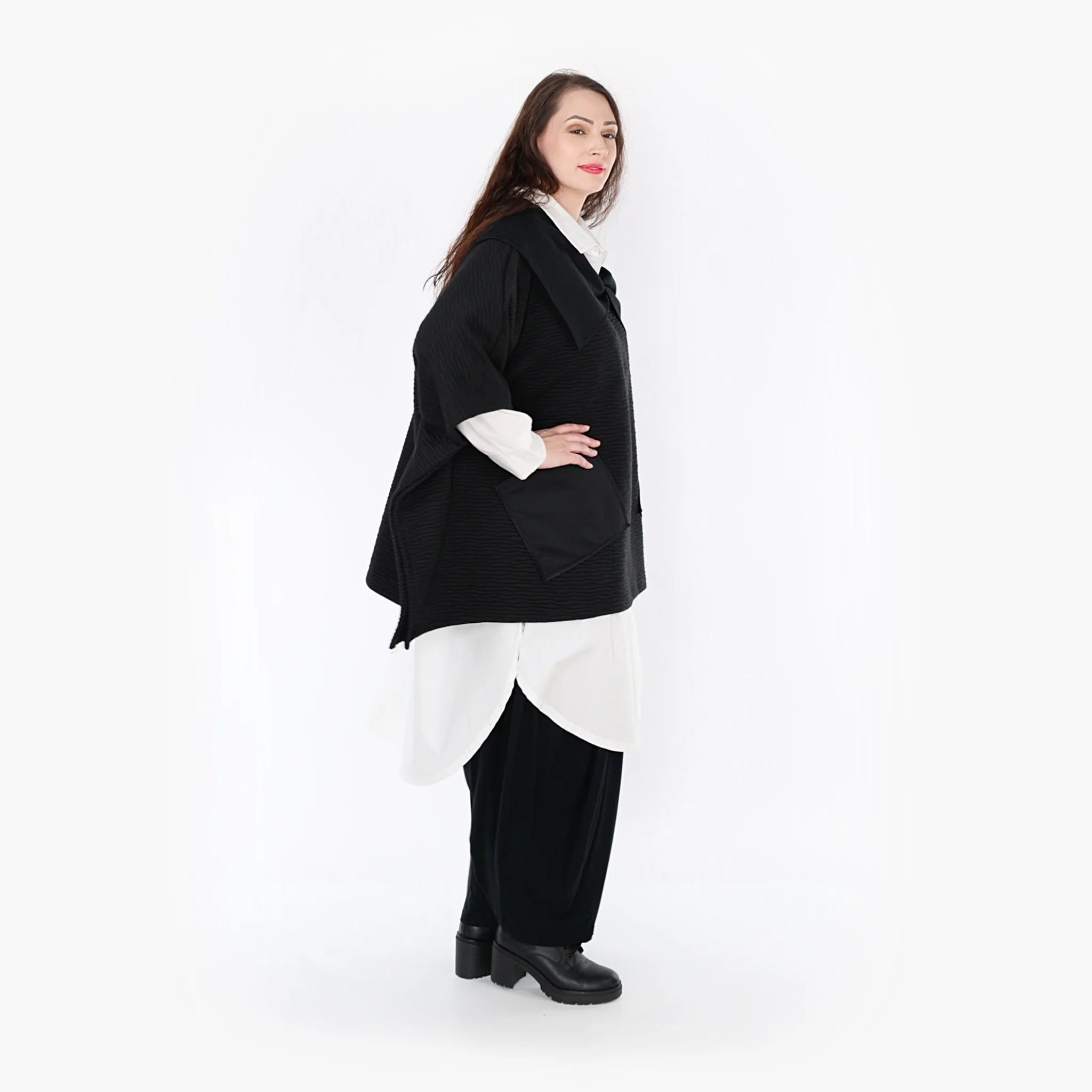  AKH Fashion Poncho in kastiger Form, aus Materialmix, 1347.06884, Schwarz, Wellen, Schick