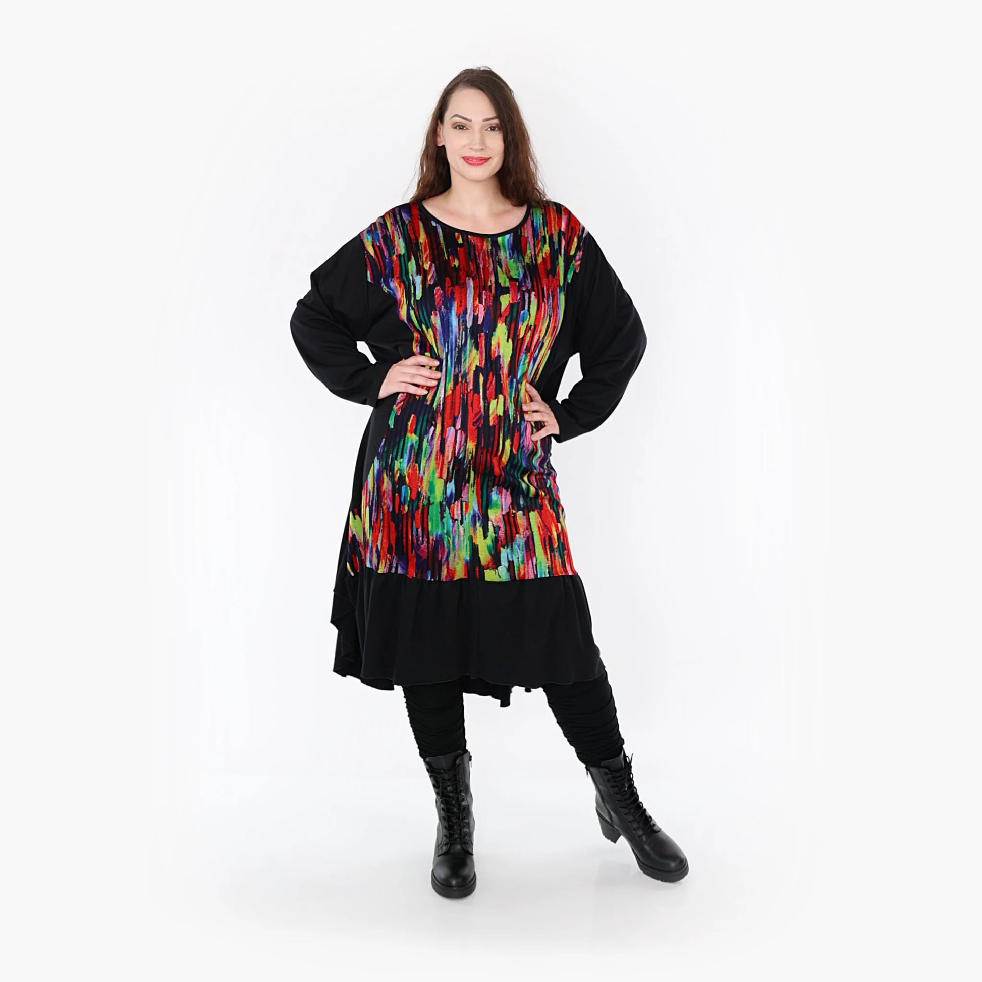  A-Form Kleid von AKH Fashion aus Viskose, 1350.06733, Schwarz-Multi, Pinselstrich, Schick