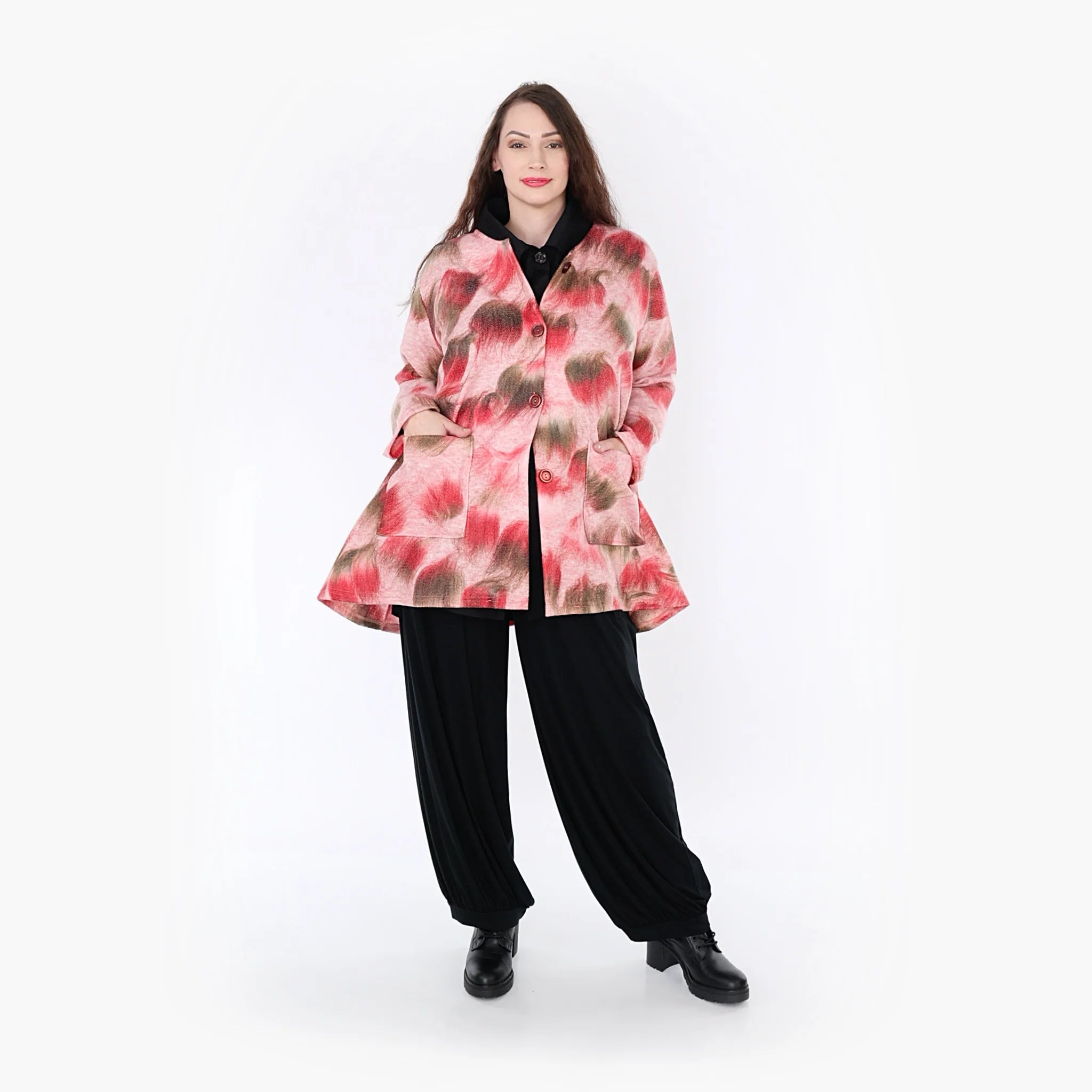  Oversize A-Form Jacke in pink-grün mit aufgesetzten Taschen für Plus Size Fashion