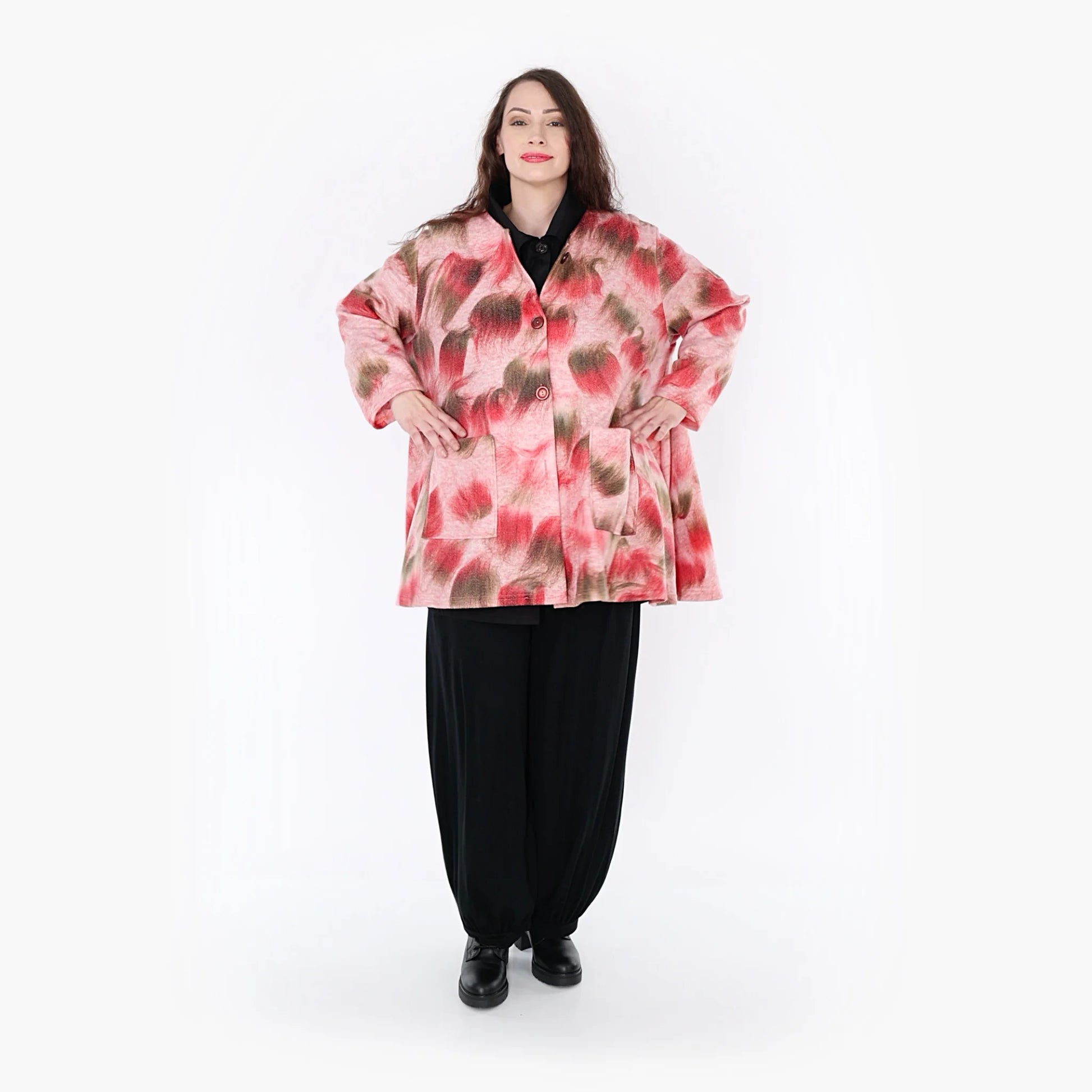  Oversize A-Form Jacke in pink-grün mit aufgesetzten Taschen für Plus Size Fashion