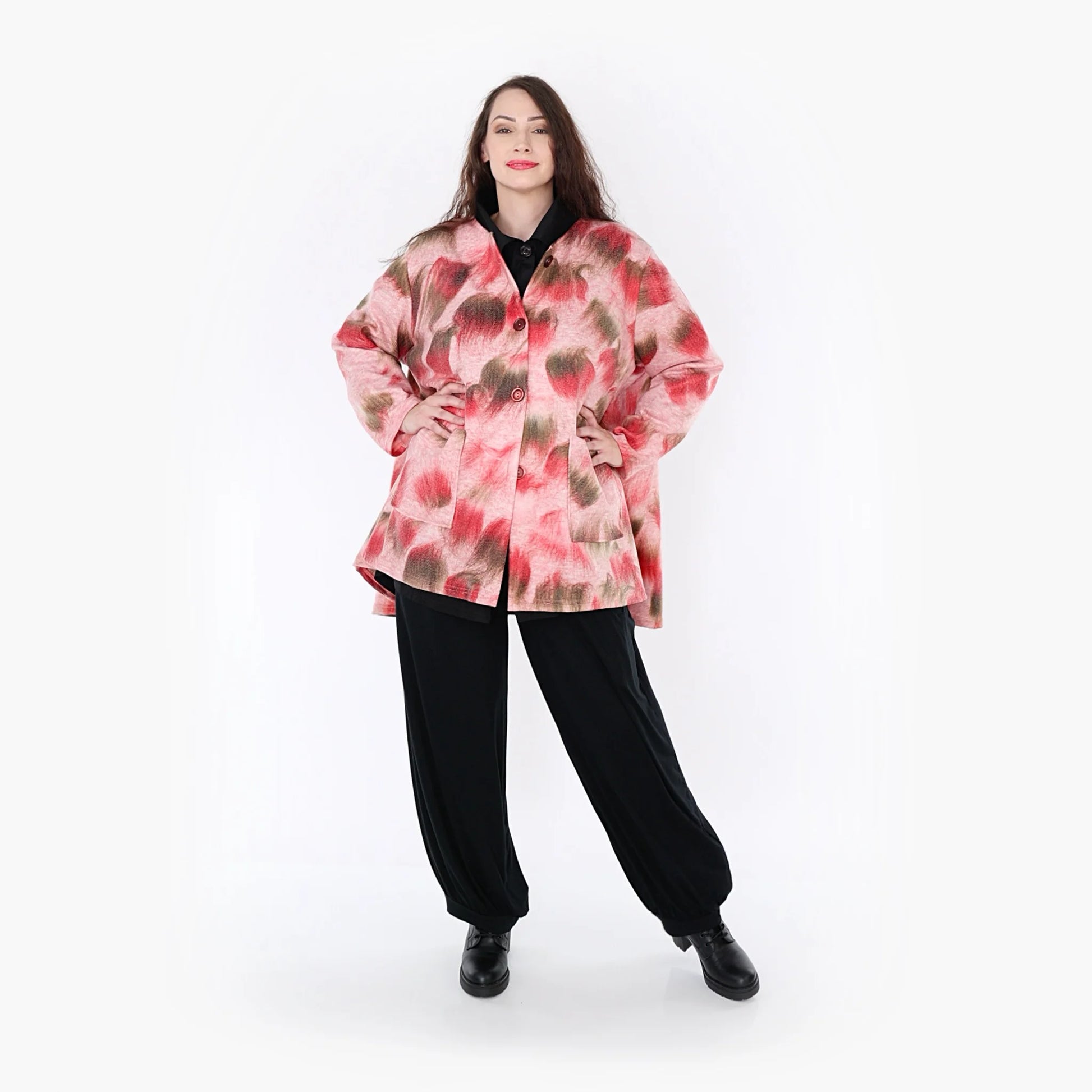  Oversize A-Form Jacke in pink-grün mit aufgesetzten Taschen für Plus Size Fashion