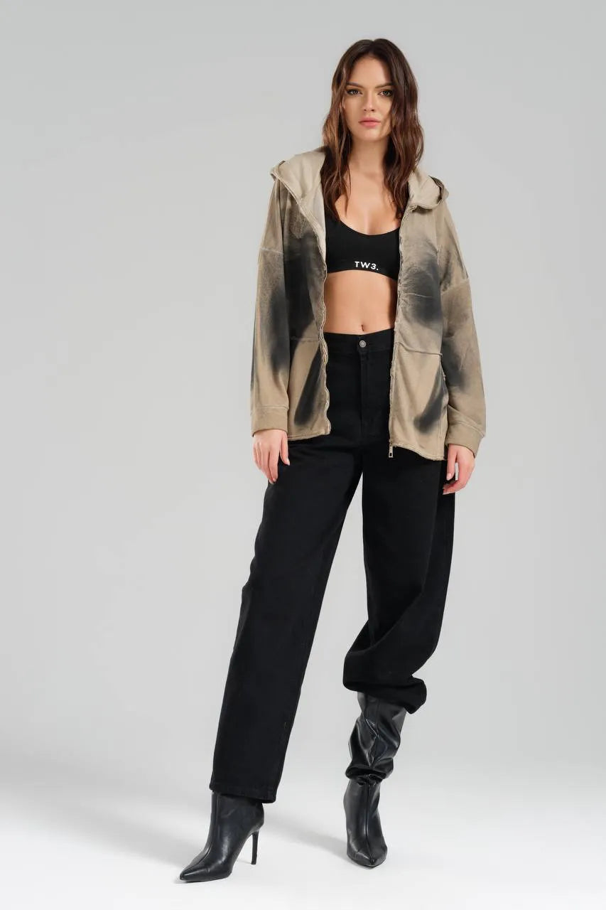  TW3 Pullover in kastiger Form, aus Baumwolle, 1047, Beige, Ausgefallen, mit Kapuze