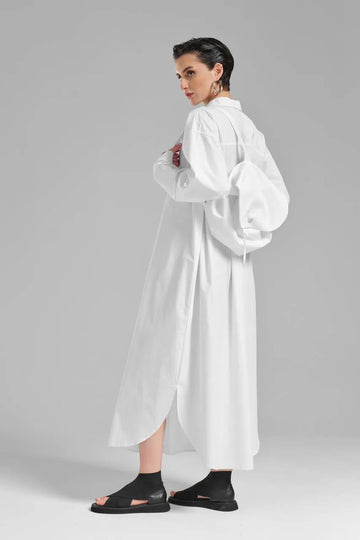  TW3 Kleid in gerundeter Form, aus Baumwolle, 1083, Weiß, Ausgefallen, mit Rucksack