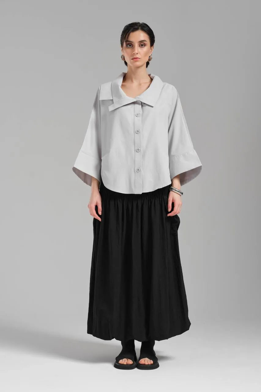  Stylische TW3 Bluse in gerundeter Form, aus Baumwolle, 1121, Grau, Schick, Modern, Ausgefallen