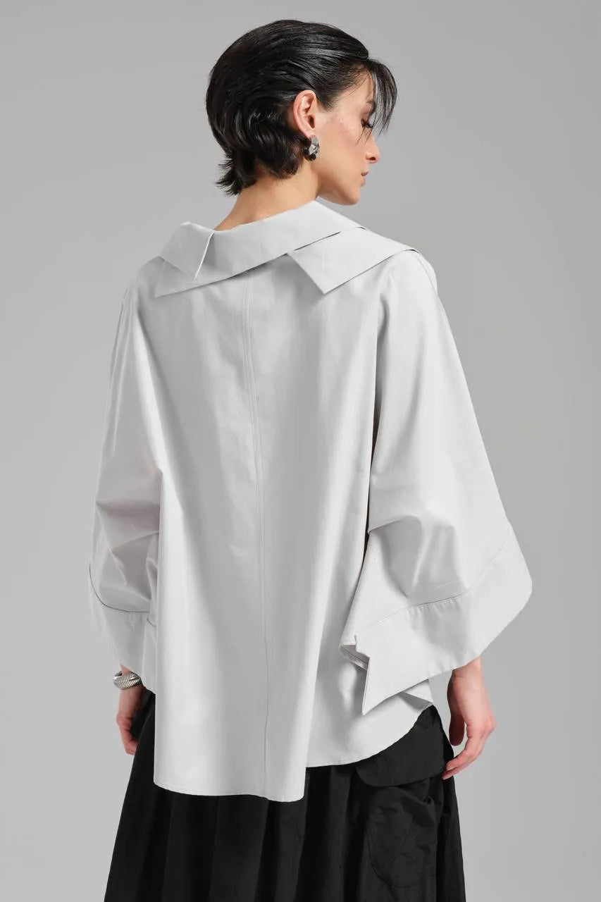  Stylische TW3 Bluse in gerundeter Form, aus Baumwolle, 1121, Grau, Schick, Modern, Ausgefallen