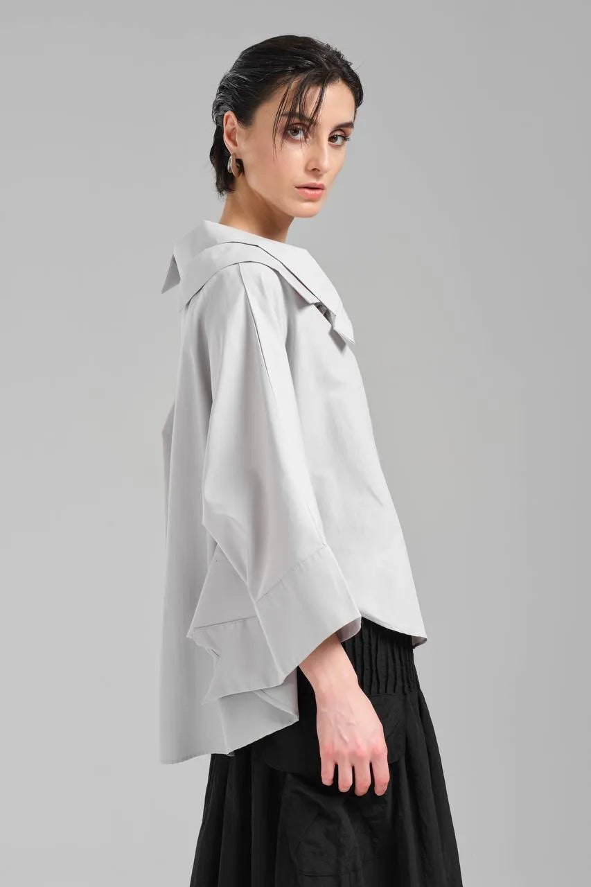  Stylische TW3 Bluse in gerundeter Form, aus Baumwolle, 1121, Grau, Schick, Modern, Ausgefallen