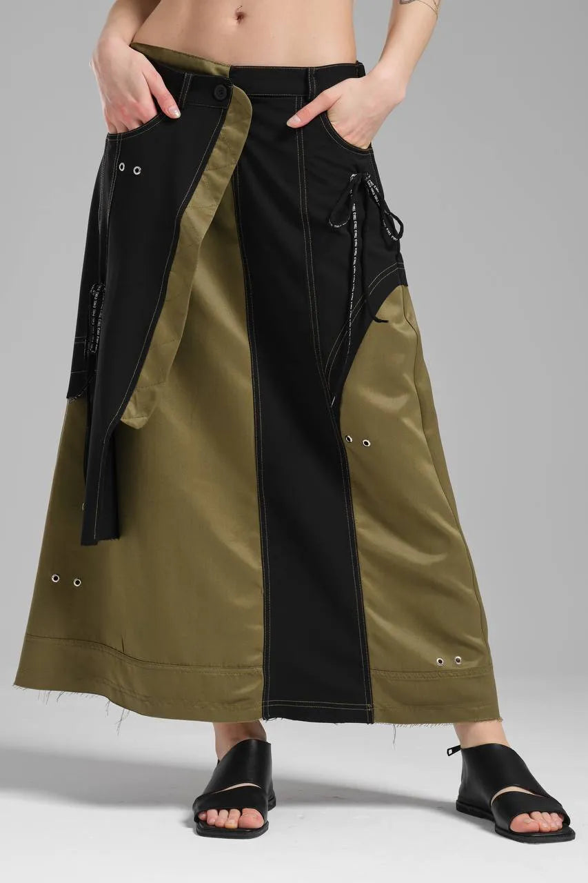  A-Form Rock von TW3 aus Polyamid, 1184, Khaki/Schwarz, Schick, Modern, Ausgefallen