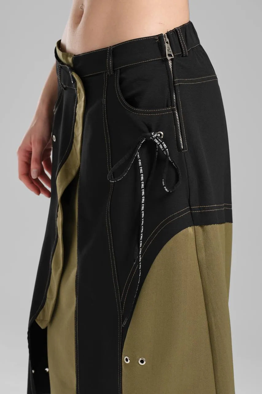  A-Form Rock von TW3 aus Polyamid, 1184, Khaki/Schwarz, Schick, Modern, Ausgefallen