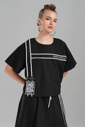  TW3 Bluse in kastiger Form, aus Baumwolle, 1226, Schwarz, Streifen, Schick, Ausgefallen