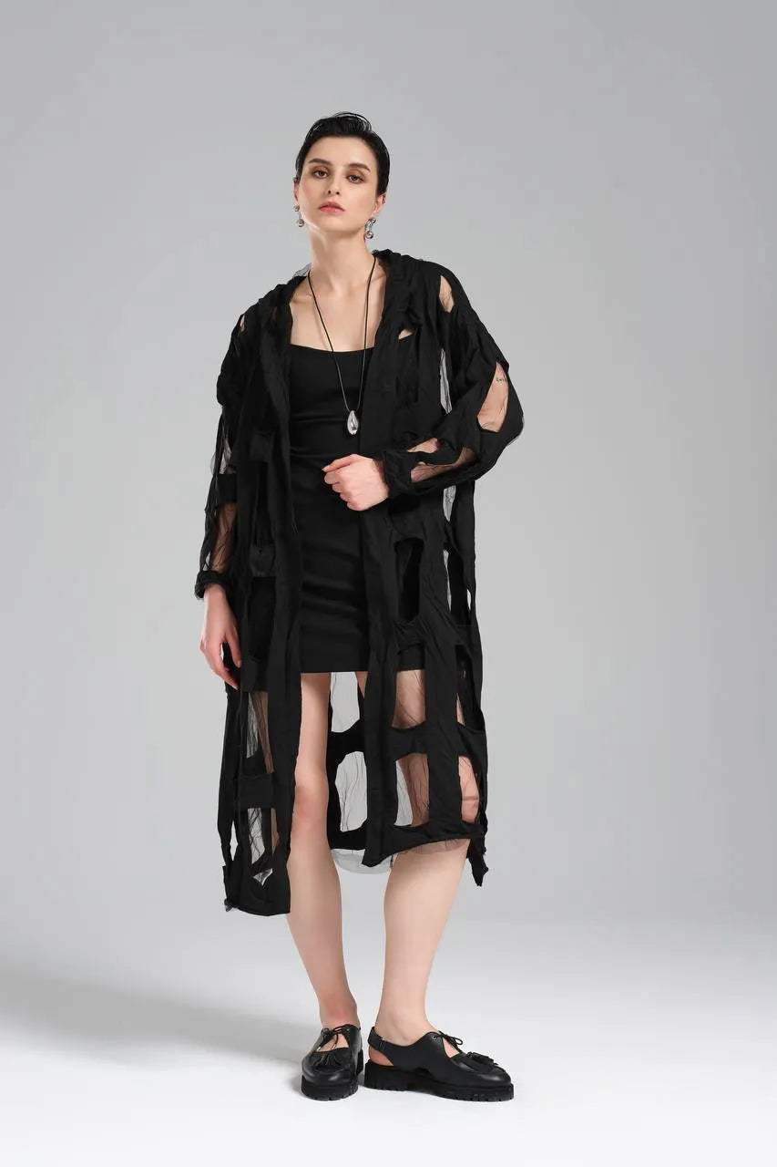 TW3 Mantel in gerader Form, aus Baumwolle, 1515, Schwarz, Muster, Schick, Ausgefallen