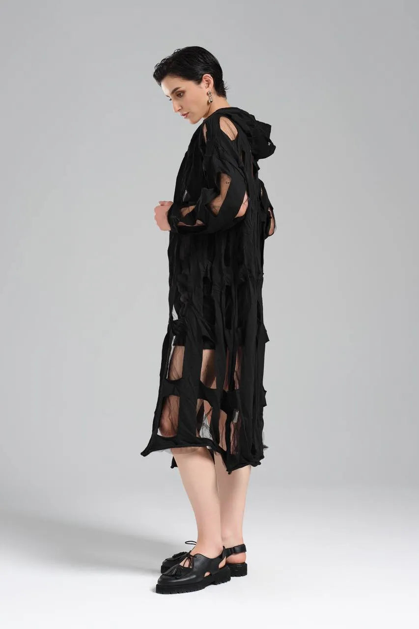 TW3 Mantel in gerader Form, aus Baumwolle, 1515, Schwarz, Muster, Schick, Ausgefallen