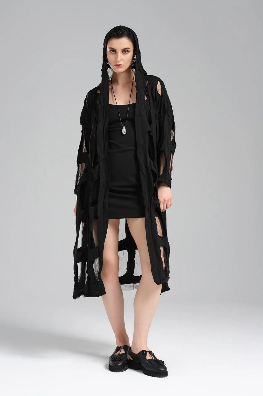 TW3 Mantel in gerader Form, aus Baumwolle, 1515, Schwarz, Muster, Schick, Ausgefallen