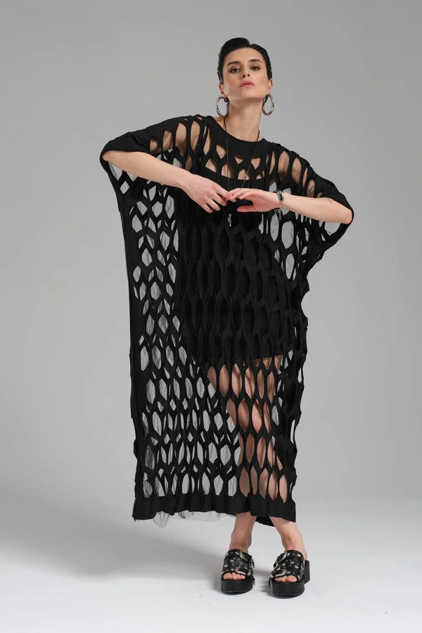 TW3 Kleid in gerader Form, aus Baumwolle, 1539, Schwarz, Raute, Schick, Ausgefallen
