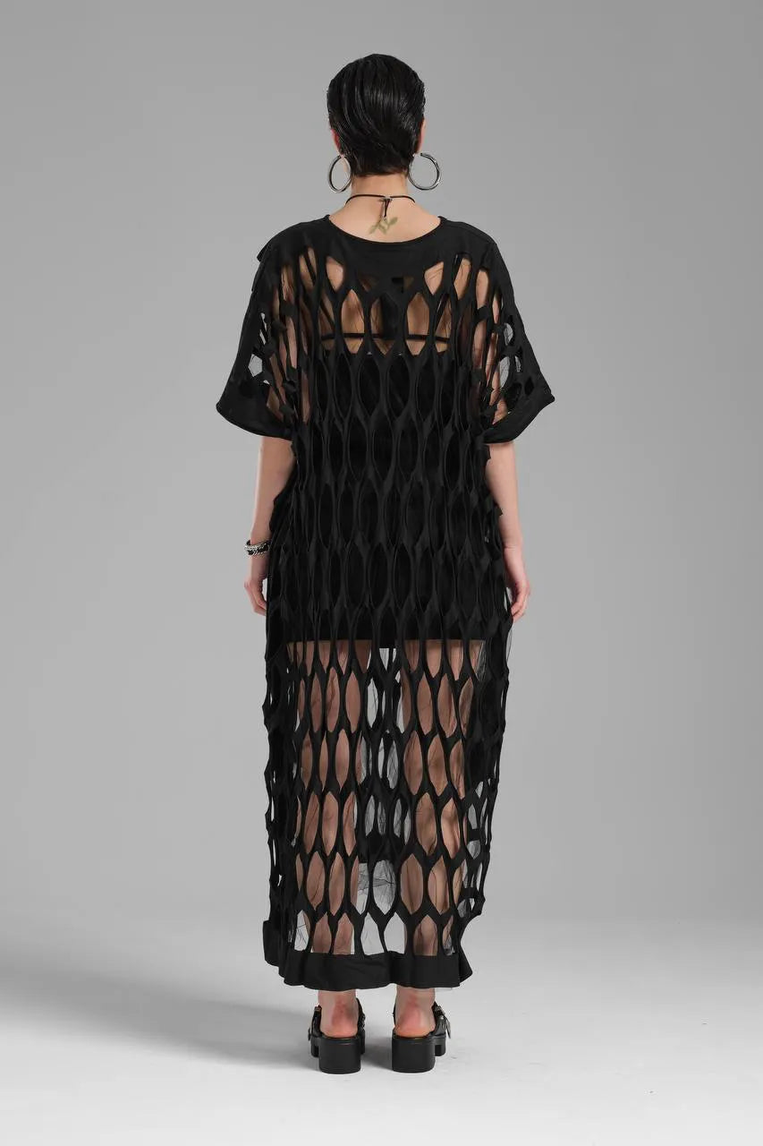 TW3 Kleid in gerader Form, aus Baumwolle, 1539, Schwarz, Raute, Schick, Ausgefallen