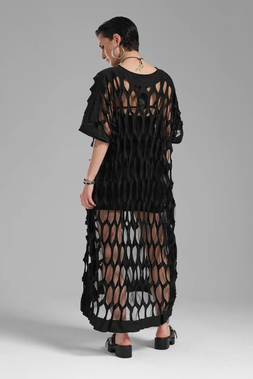 TW3 Kleid in gerader Form, aus Baumwolle, 1539, Schwarz, Raute, Schick, Ausgefallen