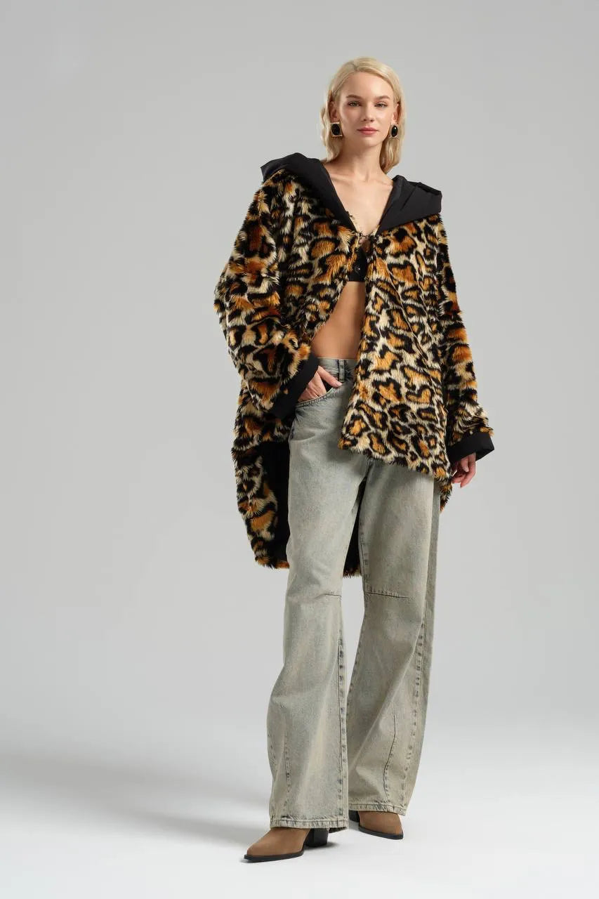  TW3 Mantel in Vokuhila-Form, aus Materialmix, 972, Leopard, Kuschelig, Ausgefallen